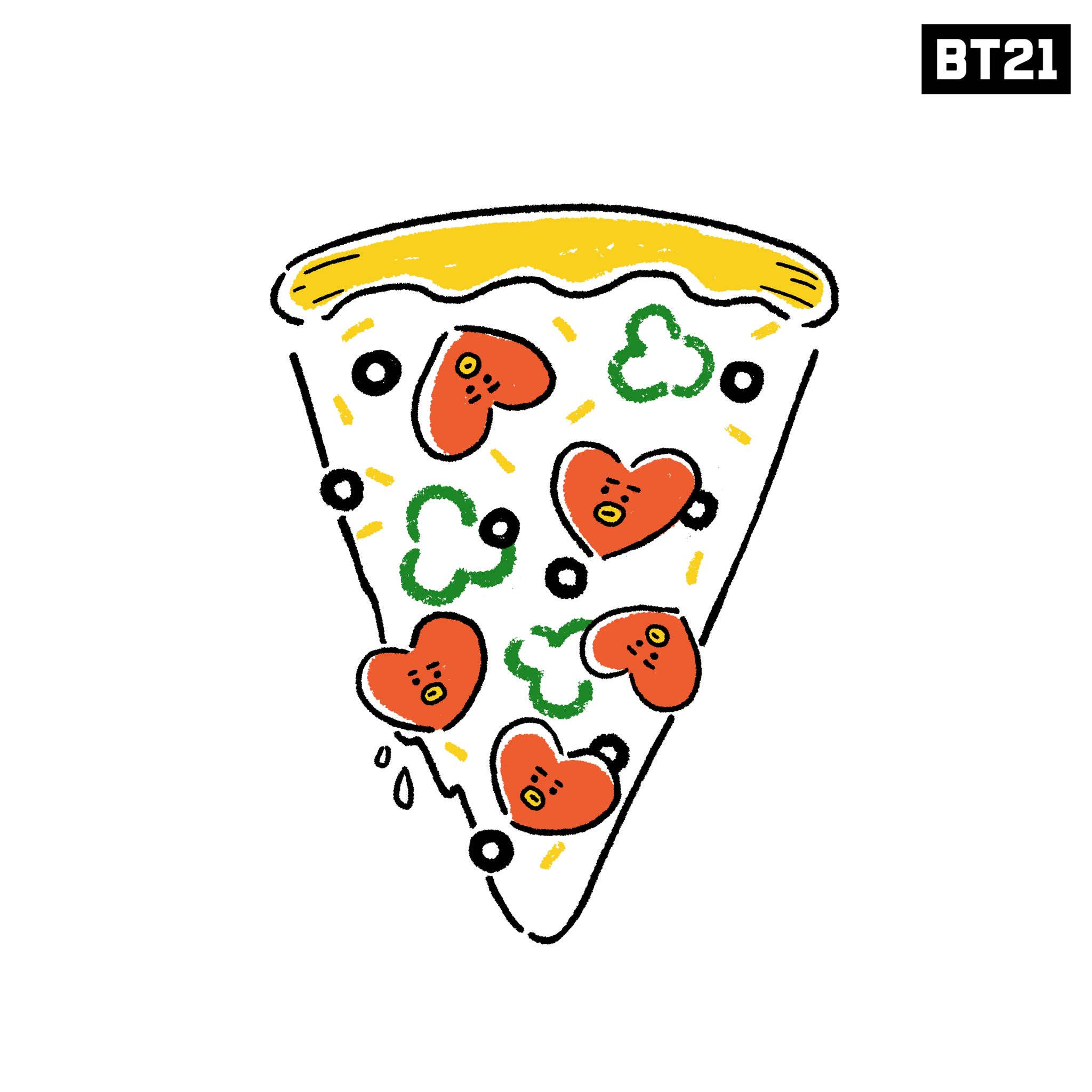 tata bt21 桌布 壁紙 — 一片披薩，上面有心形義大利辣香腸和青椒，並有BT21角色的面孔。