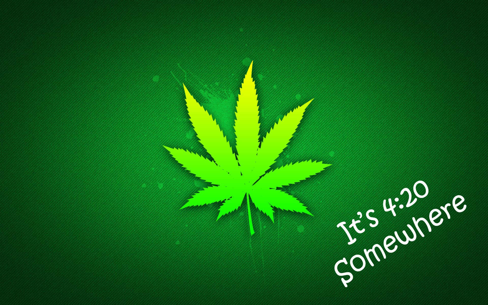 Weed Leaf 桌布 壁紙 — 一片明亮的螢光綠色大麻葉在帶有紋理的深綠色背景上發光，並帶有白色文字「It's 4:20 Somewhere」。