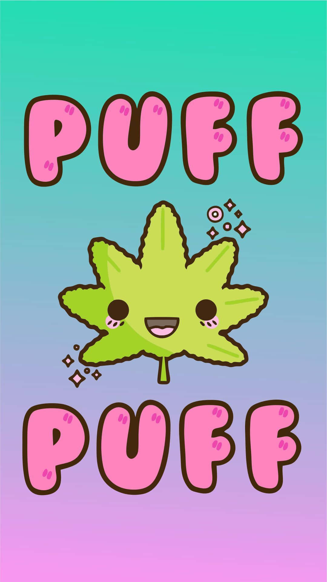 微笑的卡通楓葉，在漸變背景上粉紅色 puff 文字之間帶有閃光。 — 大麻 壁紙