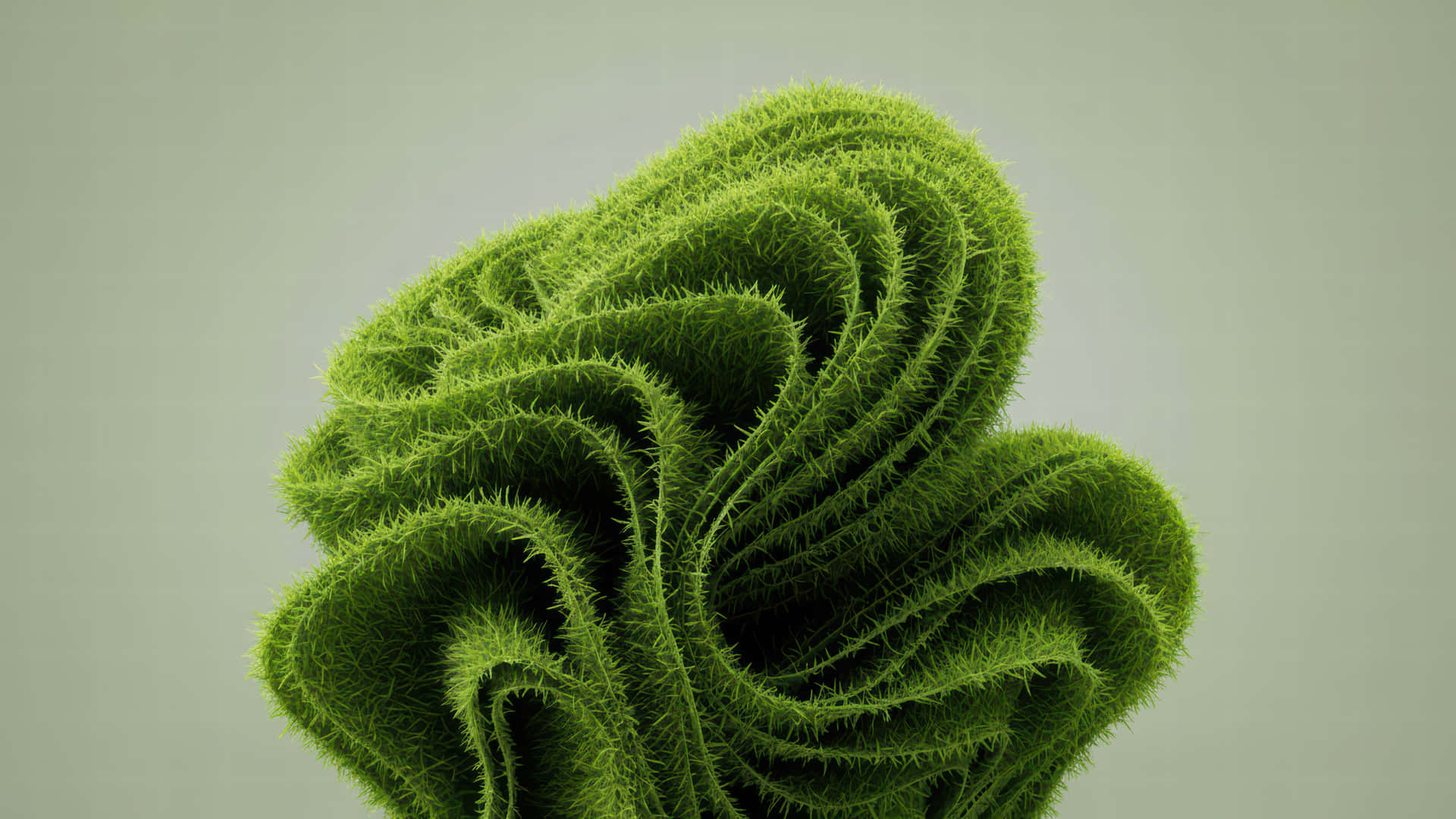 Green grass Bloom modded wallpaper for desktop Enhancement, 壁紙 — 一片片充滿活力的綠色草葉被雕刻成漩渦狀，在柔和的灰色背景上形成流暢的有機形狀。