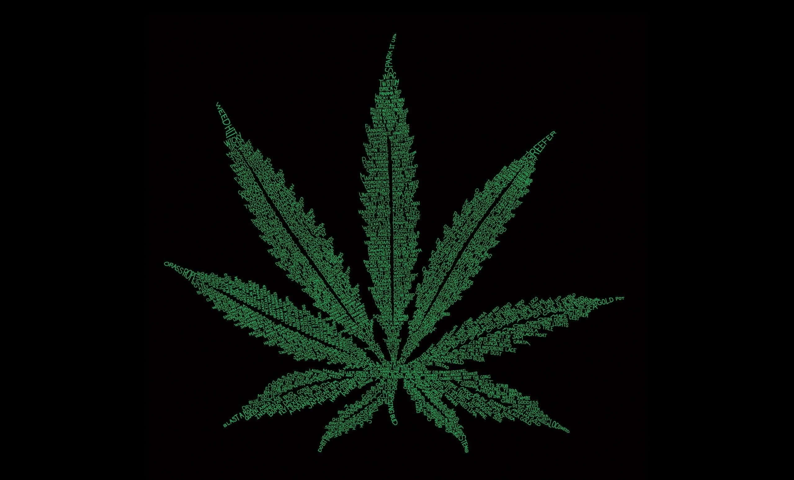 Weed Leaf 桌布 壁紙 — 一片由密集文字字母組成的鮮綠色大麻葉，襯托在鮮明的黑色背景上。