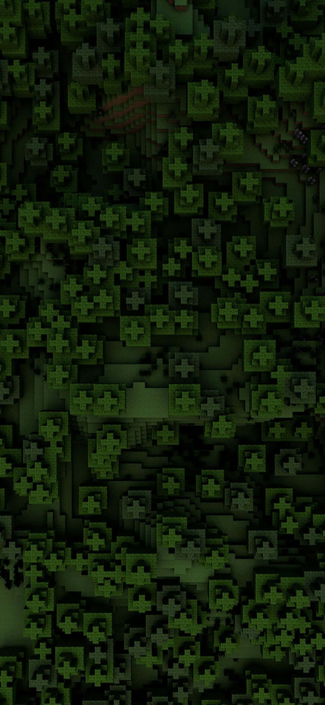 iPhone Xs Minecraft 桌布 壁紙 — 一片由綠色方塊組成的密集像素森林，中央有一個模糊的紅色手印。