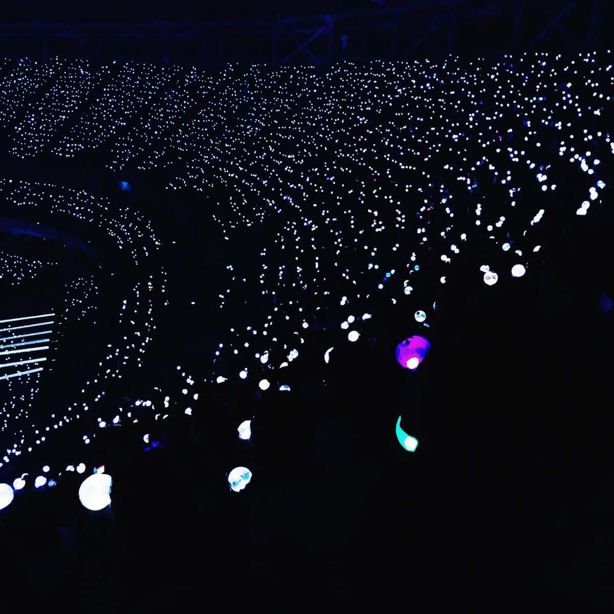 Bts Army Bomb 桌布 壁紙 — 一片發光手機燈光的海洋充滿了黑暗的音樂會場地，營造出繁星點點的夜空效果。
