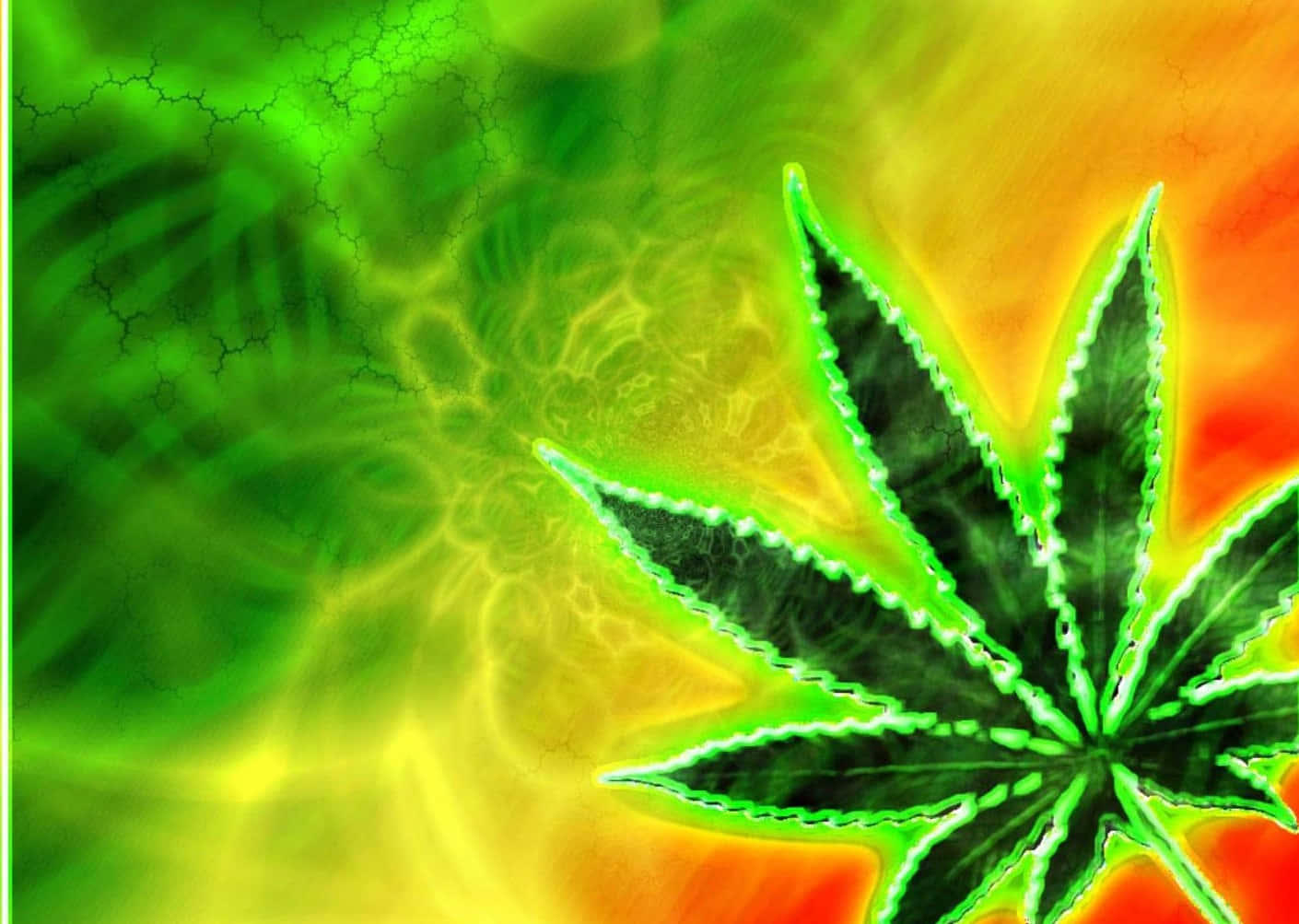 420 桌布 壁紙 — 一片發光的大麻葉，邊緣帶有霓虹綠色，在帶有碎形圖案的綠色、黃色和橙色迷幻漸變中散發光芒。