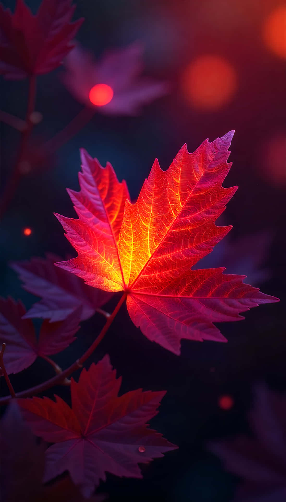Autumn's Ember 壁紙 — 一片發光的楓葉在深紫色散景背景中散發出火熱的橙色和紅色，並有漂浮的光球。