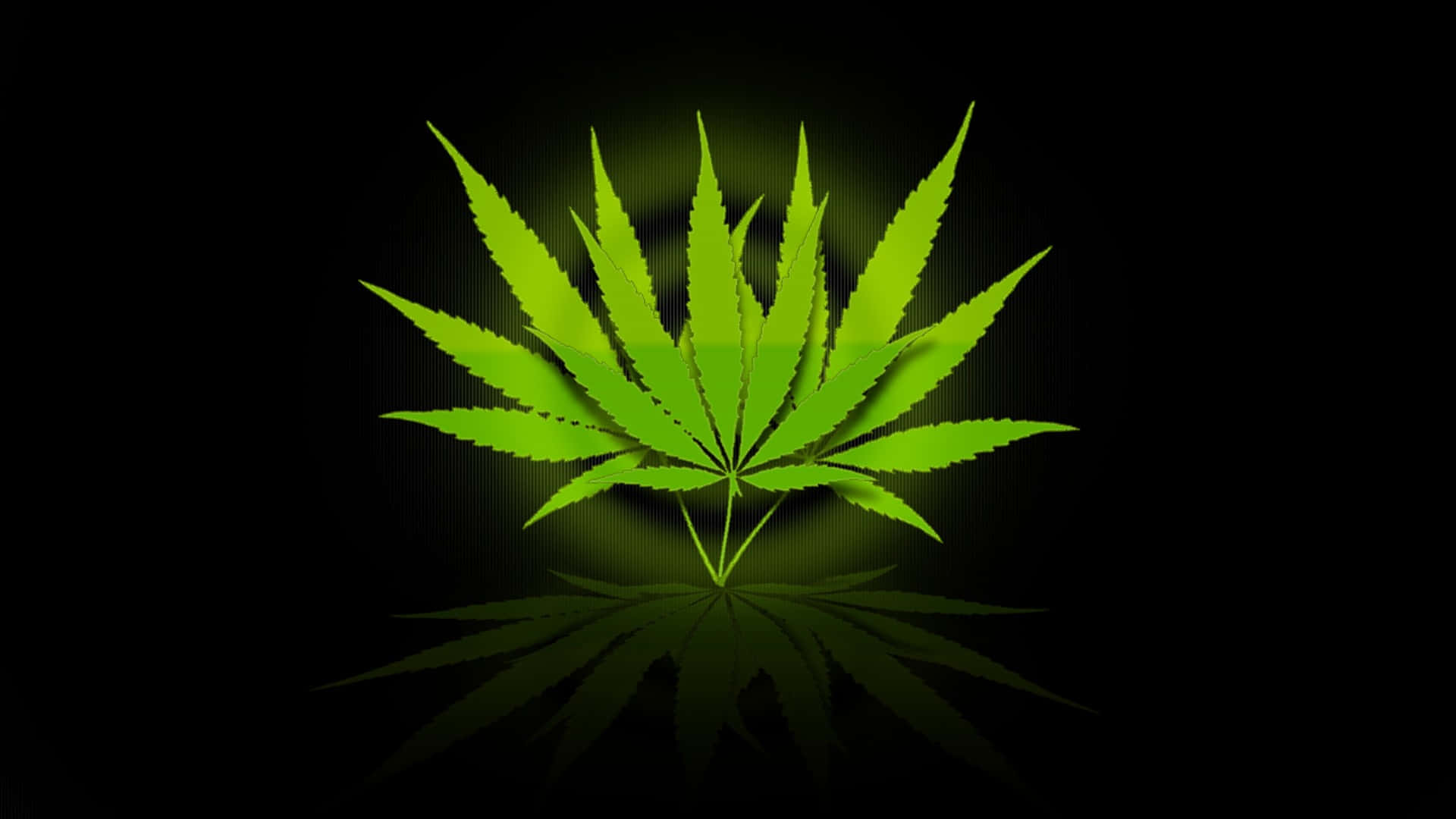大麻 桌布 壁紙 — 一片發光的綠色大麻葉，帶有深色倒影，居中於黑色背景上。