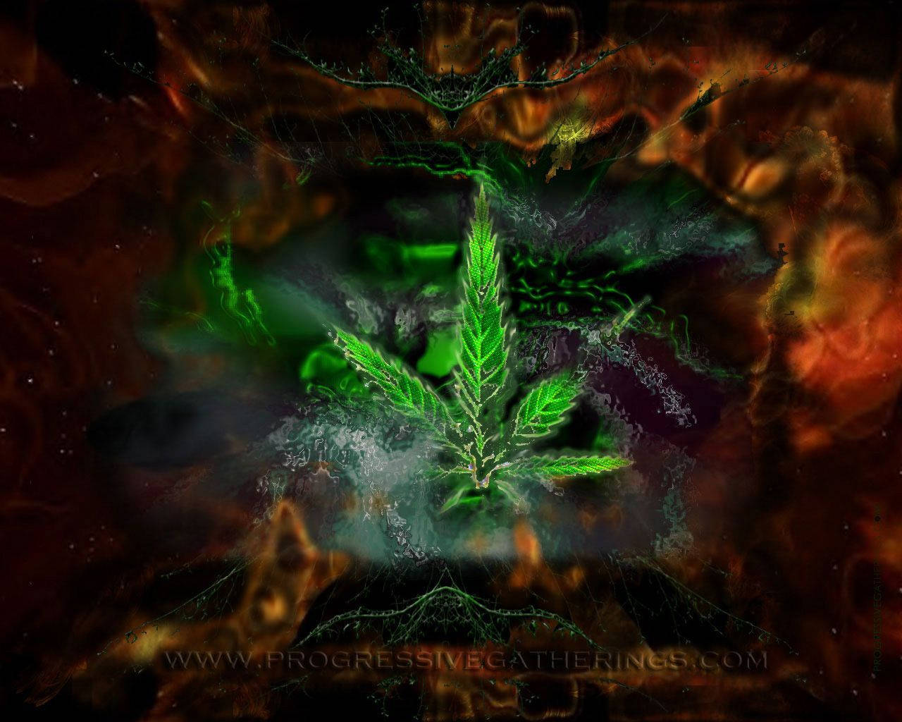Blunt 桌布 壁紙 — 一片發光的綠色大麻葉在熾熱橙色和深黑色的漩渦宇宙星雲中散發光芒。