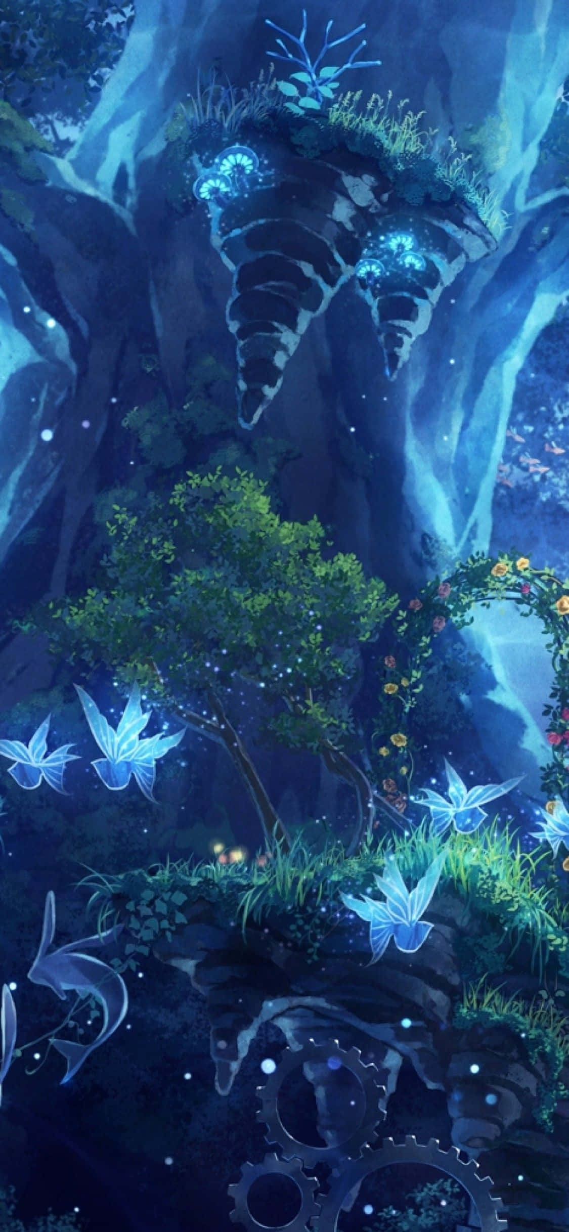 Fairy Forest 桌布 壁紙 — 一片神秘森林在洞穴般的發光樹下閃爍著藍色生物發光植物和漂浮的蝴蝶。