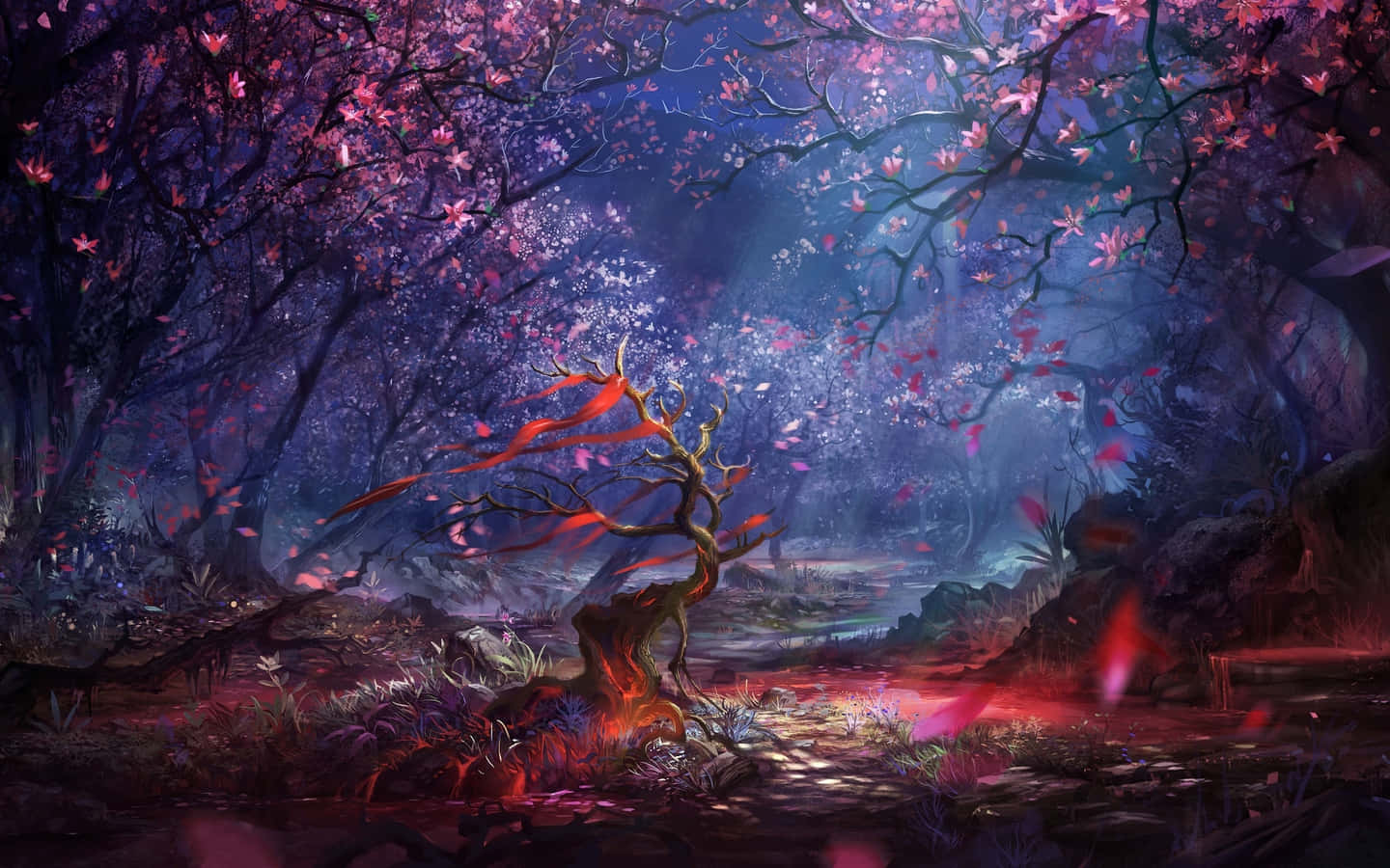 Beautiful Painting 桌布 壁紙 — 一片神秘森林沐浴在暮色中，有發光的粉紅色花朵和一棵火紅的樹立在發光的小溪旁。