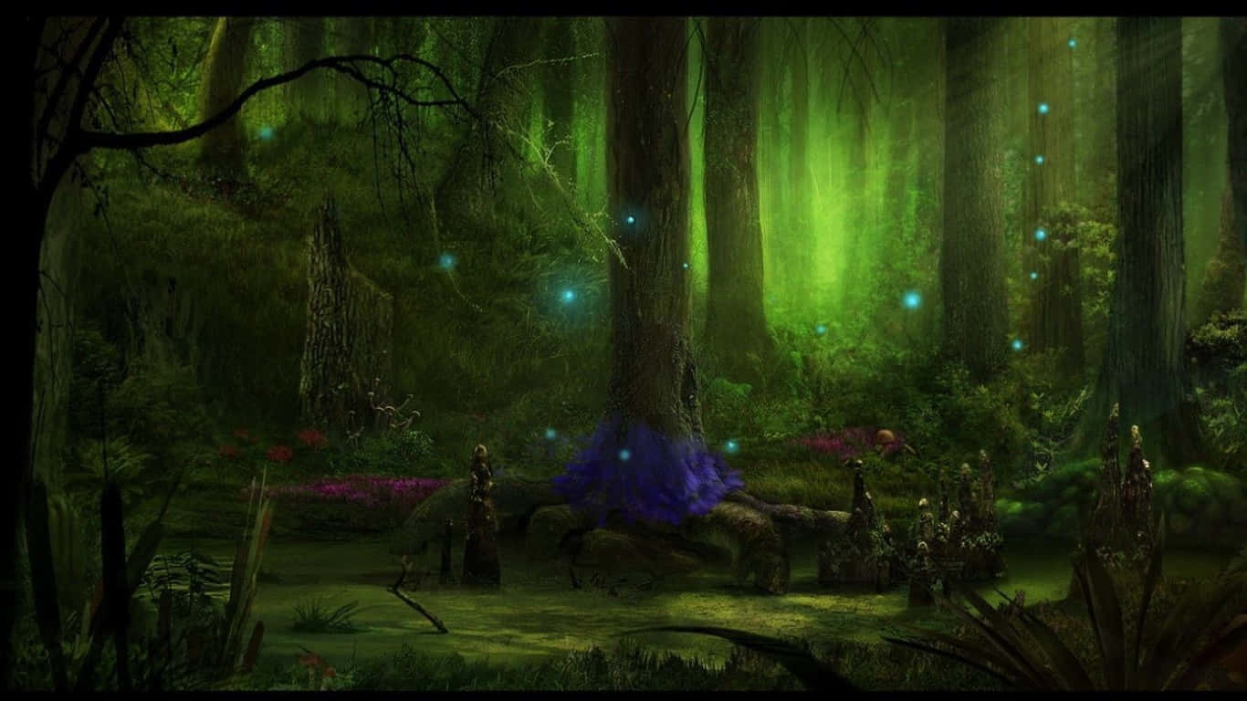 Dark Tales 桌布 壁紙 — 一片神秘森林閃爍著翡翠光芒，發光的藍色球體在古樹和紫色花朵間飄浮。