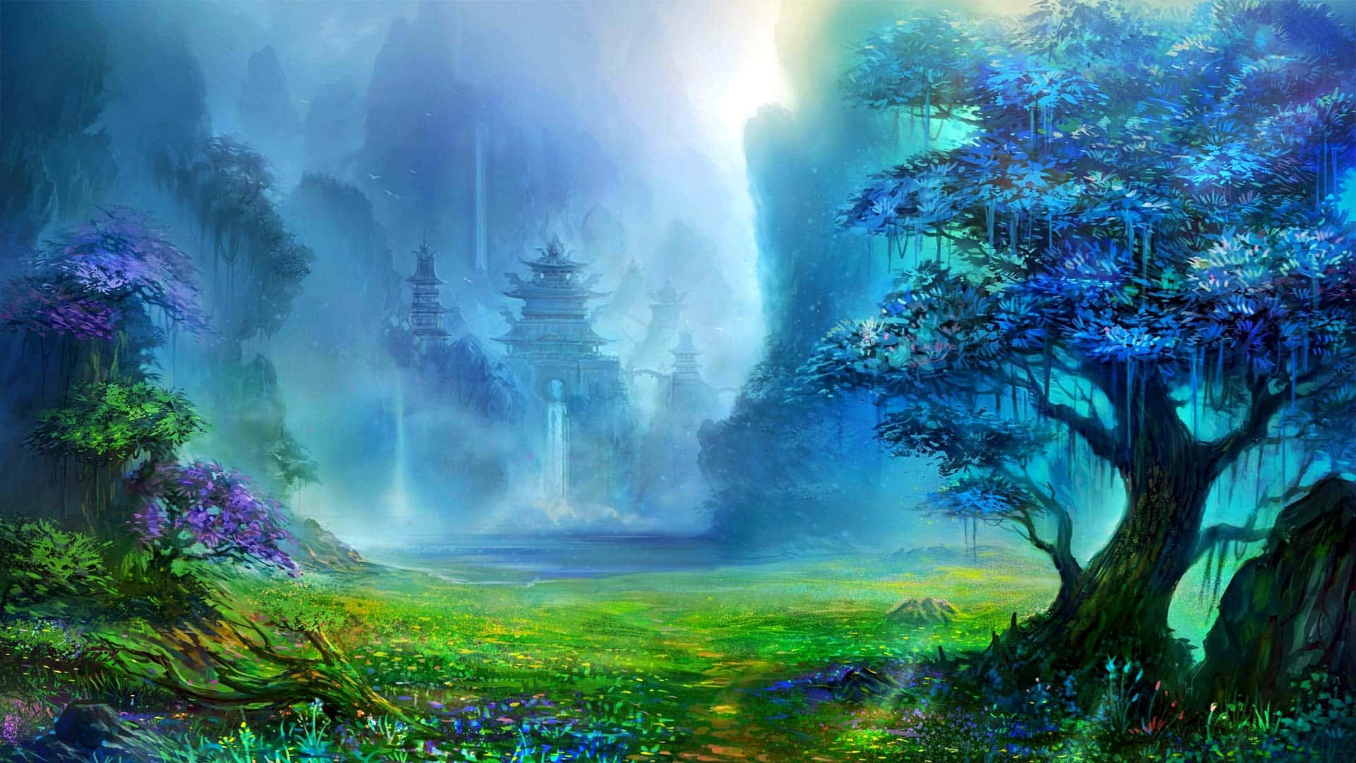 樹木 桌布 壁紙 — 一片神秘森林閃耀著鮮豔的藍色和綠色，陽光穿透薄霧，照亮了隱藏在參天大樹間的古老塔樓。