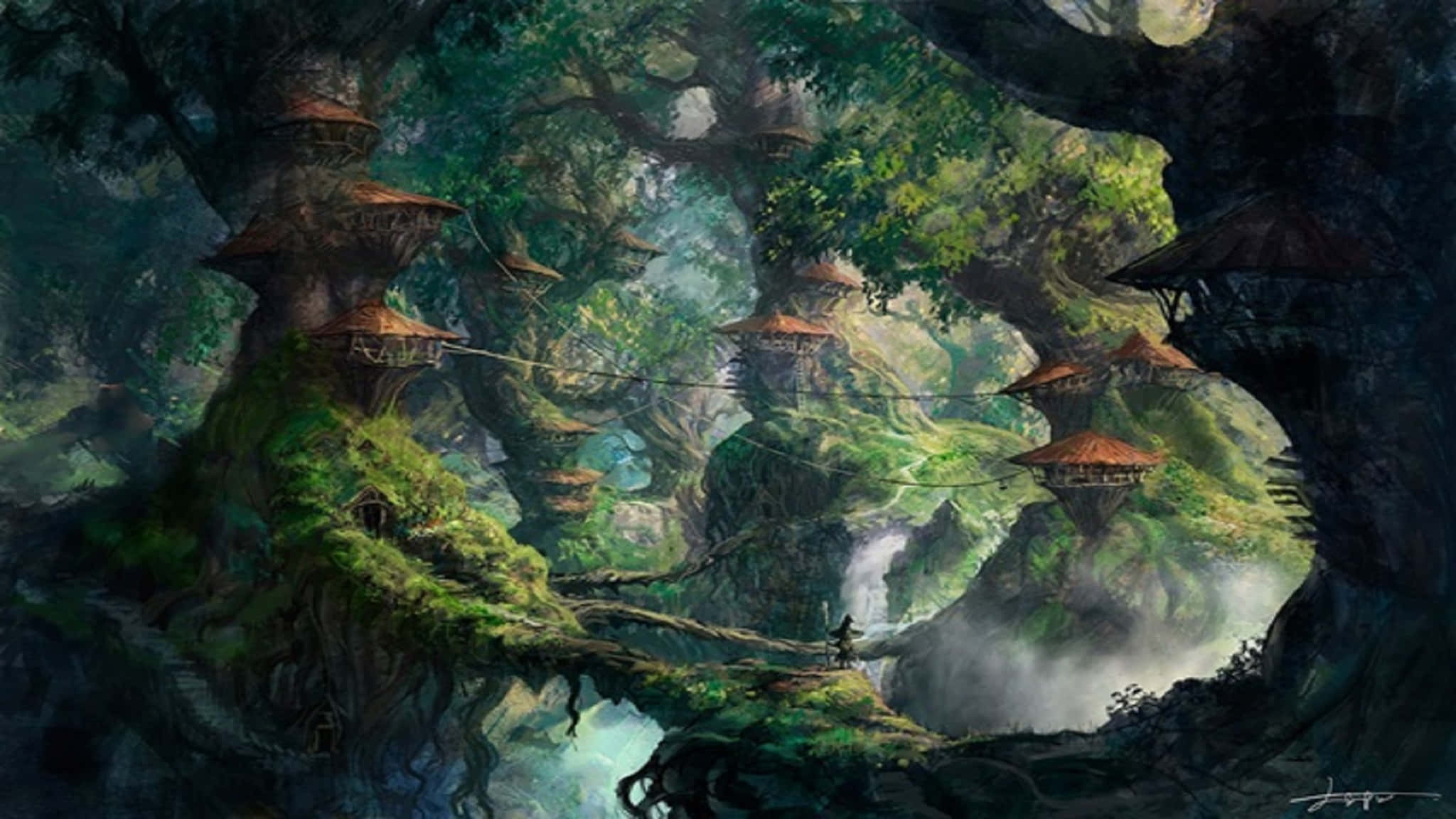 Fantasy Forest 桌布 壁紙 — 一片神秘的森林，巨大的長滿苔蘚的樹木支撐著木製樹屋村莊，由繩橋連接，在月光照耀的樹冠下。