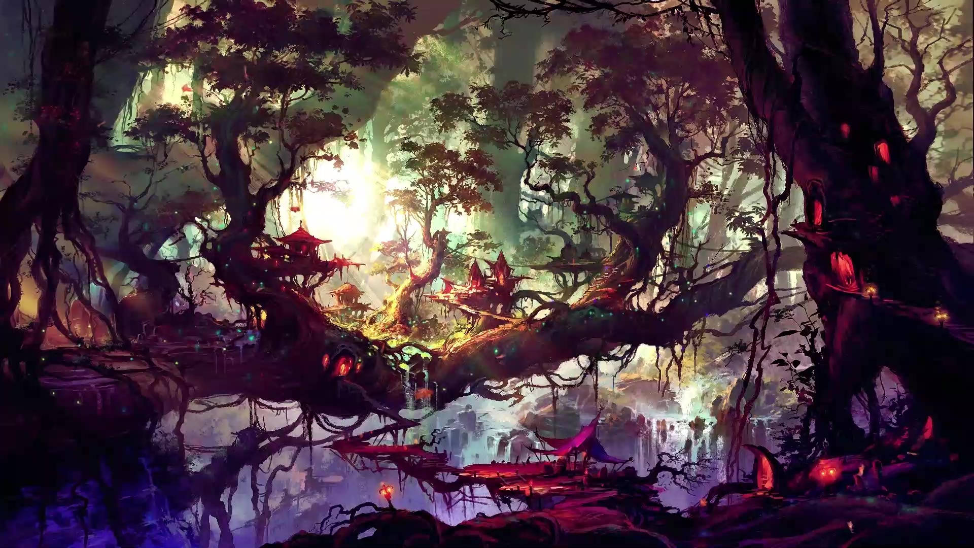 房屋 桌布 壁紙 — 一片神秘的森林，發光的紅色燈籠掛在扭曲的古樹上，天空明亮。