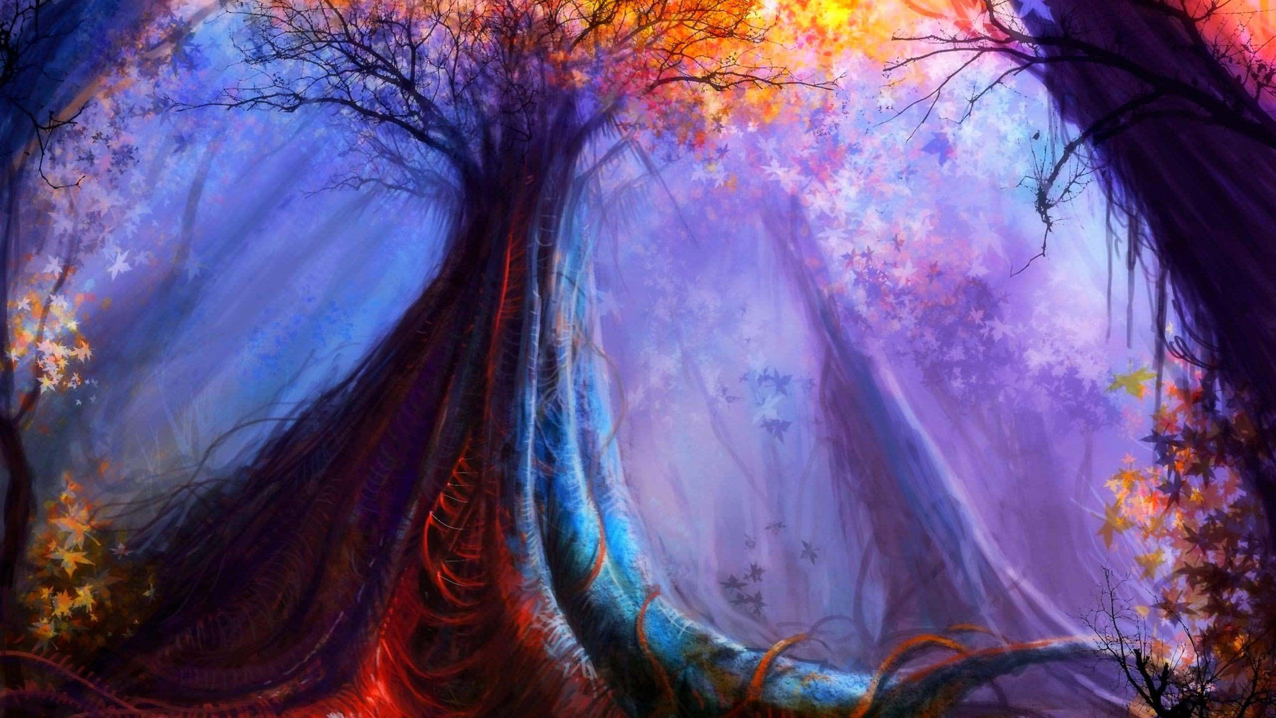 Enchanting 桌布 壁紙 — 一片神秘的森林，高聳的樹木散發著火橙色和冷藍色的光芒，穿過秋葉過濾。