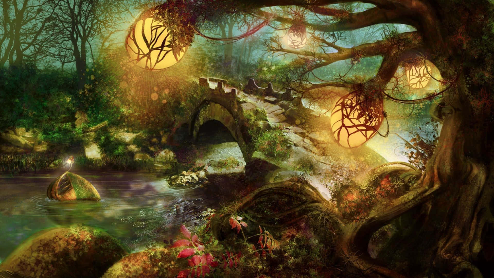 dreamy 桌布 壁紙 — 一片神秘的森林中，溫暖的燈籠掛在古樹上，照亮了寧靜的河流和一座石橋。