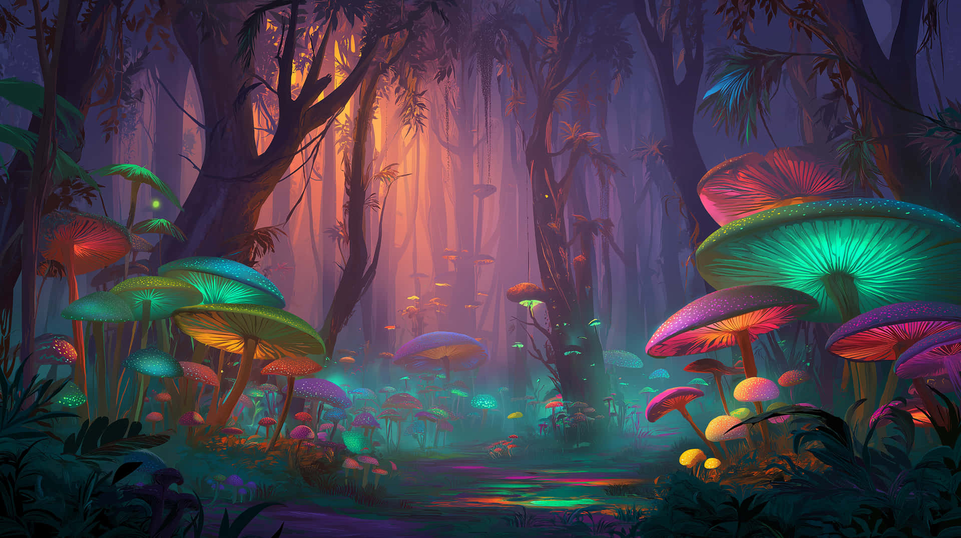 Vibrant Glowing Mushrooms in Enigmatic Fantasy Forest 壁紙 — 一片神秘的森林在暮色天篷下，散發著生物發光蘑菇的鮮豔霓虹色彩。