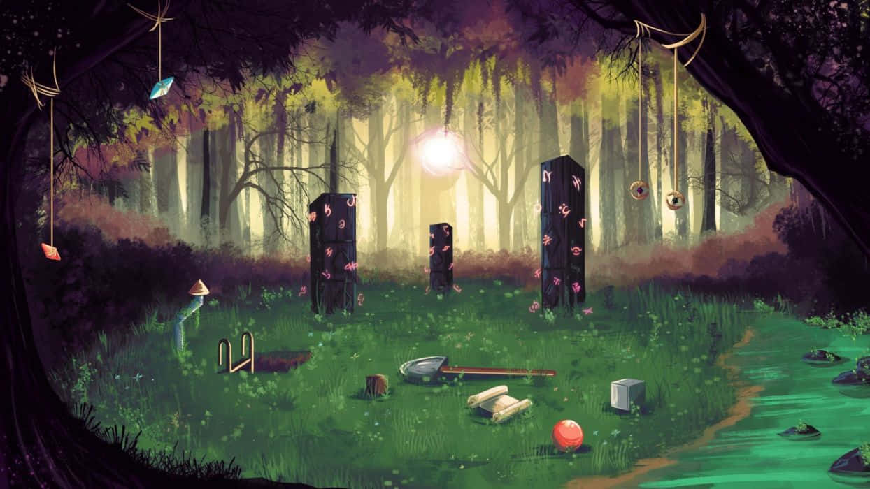 Minecraft Fan Art 桌布 壁紙 — 一片神秘的森林散發著空靈的光芒，漂浮的燈籠在古老的石柱和散落的物體上方飄動。
