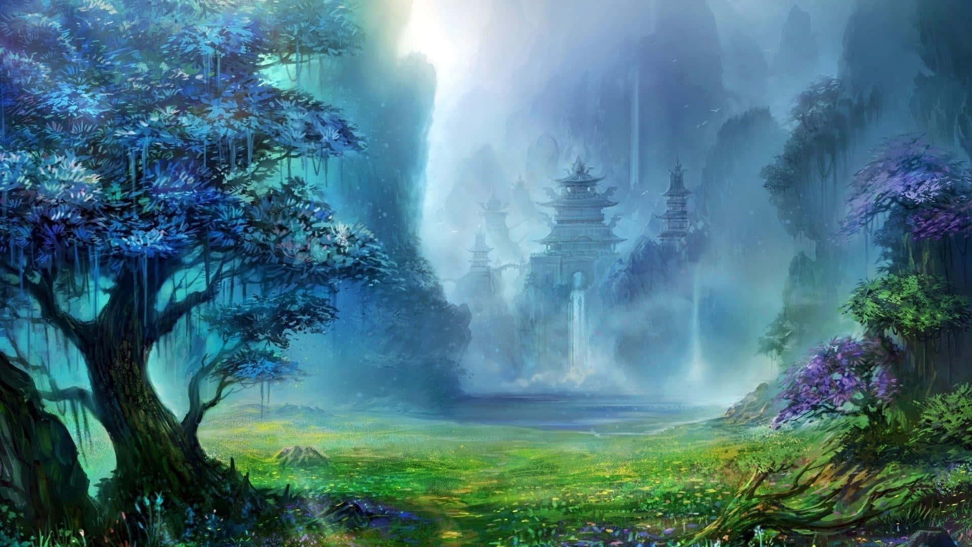 自然 桌布 壁紙 — 一片神秘的森林散發著藍色和綠色的光芒，古老的寶塔狀結構從霧氣繚繞的山巒中浮現。