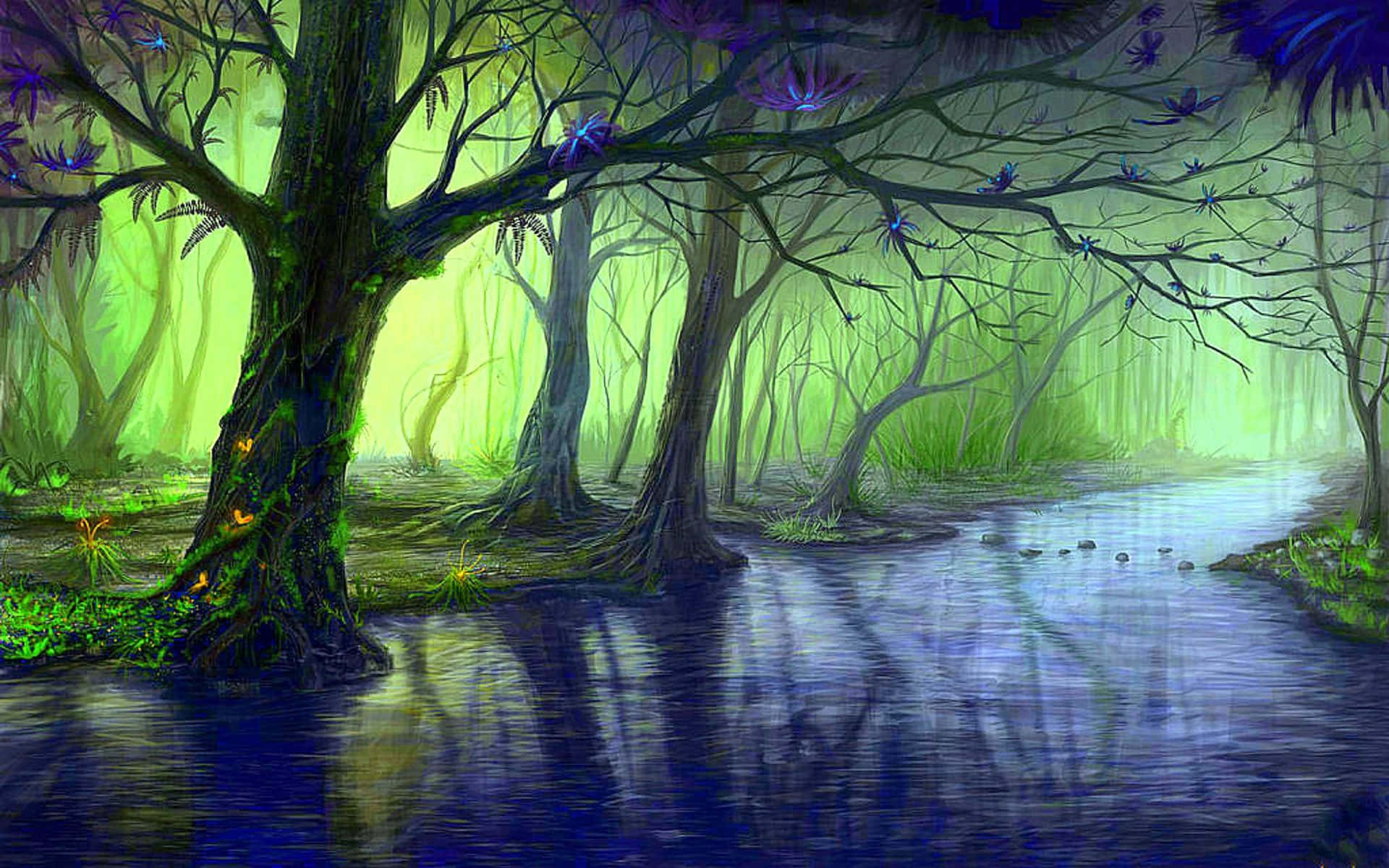 Enchanting 桌布 壁紙 — 一片神秘的森林散發著霓虹綠光，一條黑暗的河流映照著扭曲的樹木，樹上點綴著發光的紫色花朵。