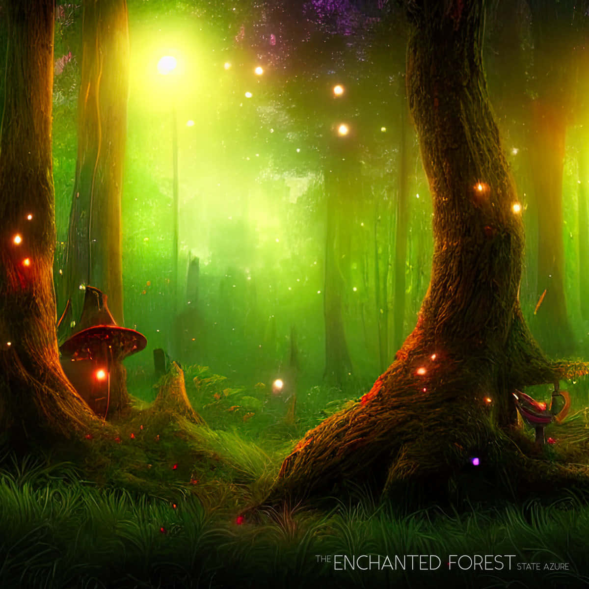 magical 桌布 壁紙 — 一片神秘的森林沐浴在發光的綠光中，漂浮的螢火蟲和古老的樹木投下長長的影子。