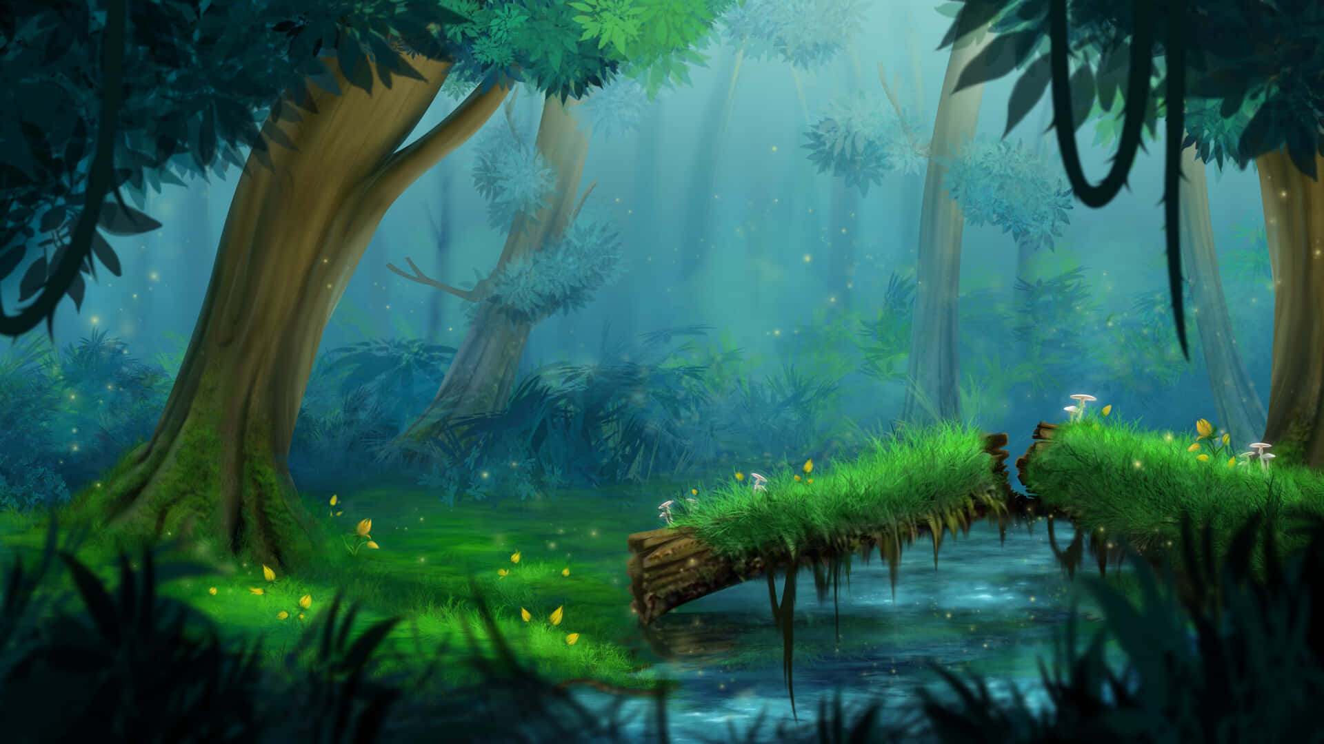 Animated Forest 桌布 壁紙 — 一片神秘的森林閃耀著翠綠的光芒，陽光穿過古樹，照在一條長滿苔蘚的木橋上。