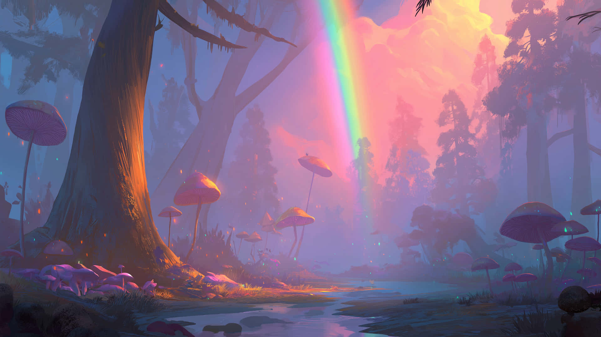 Dreamy Forest with Radiant Rainbow and Fantastical Fungi 壁紙 — 一片神秘的森林閃耀著鮮豔的彩虹，拱形在發光的蘑菇和沐浴在暮色中的古樹之上。