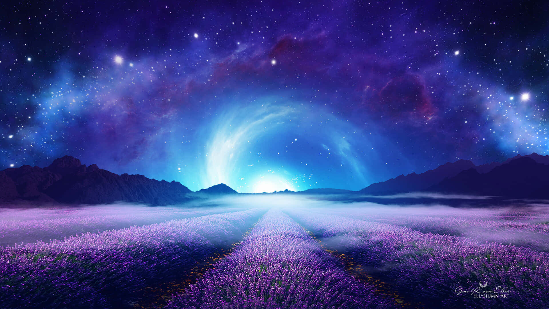 桌布 壁紙 — 一片神秘的薰衣草田在充滿活力的宇宙天空下延伸，天空中有發光的星雲和星星。