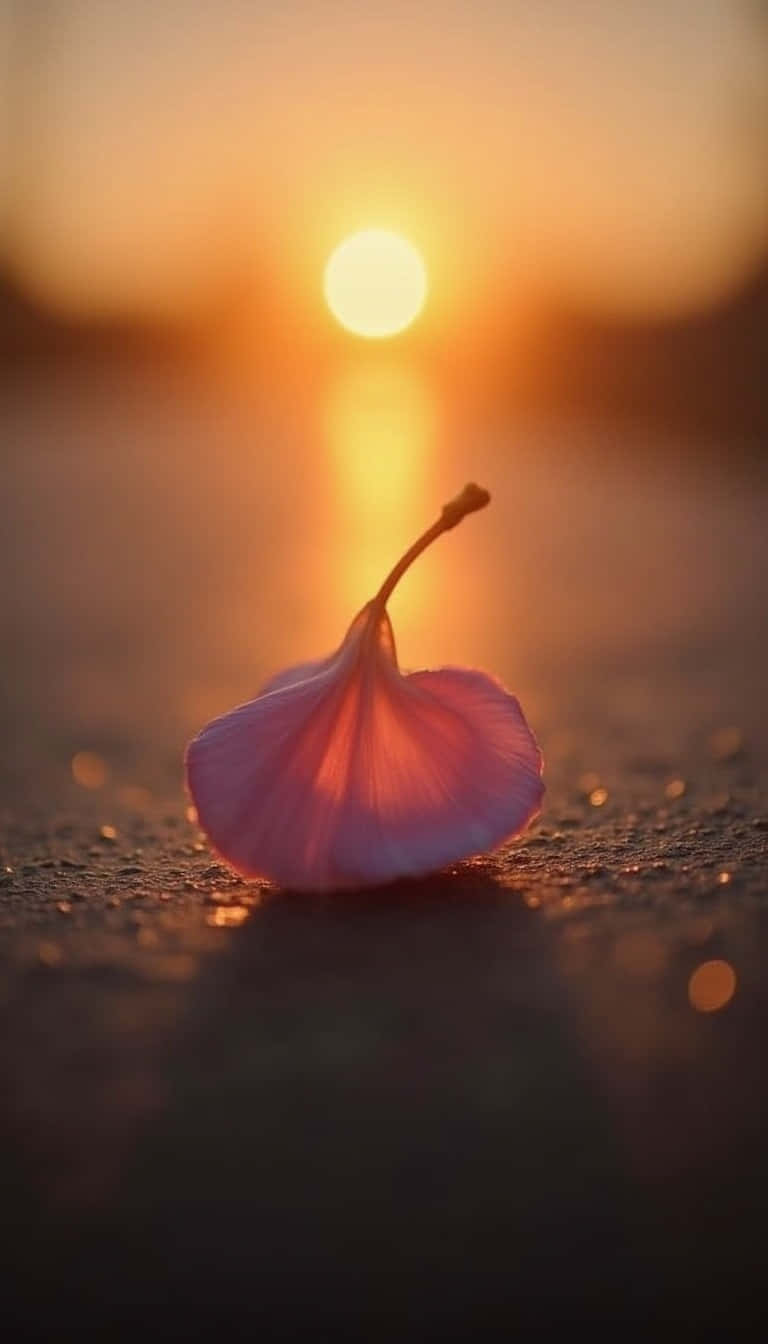 Flower 壁紙 — 一片粉紅色的銀杏葉躺在濕沙上，金色的夕陽在它後面落下，投射出溫暖的光芒。