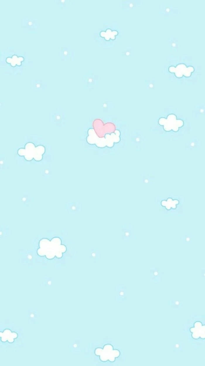 粉藍色天空，有白色雲朵和一朵雲上的粉紅色心形。 — 淺藍色美學動圖 壁紙