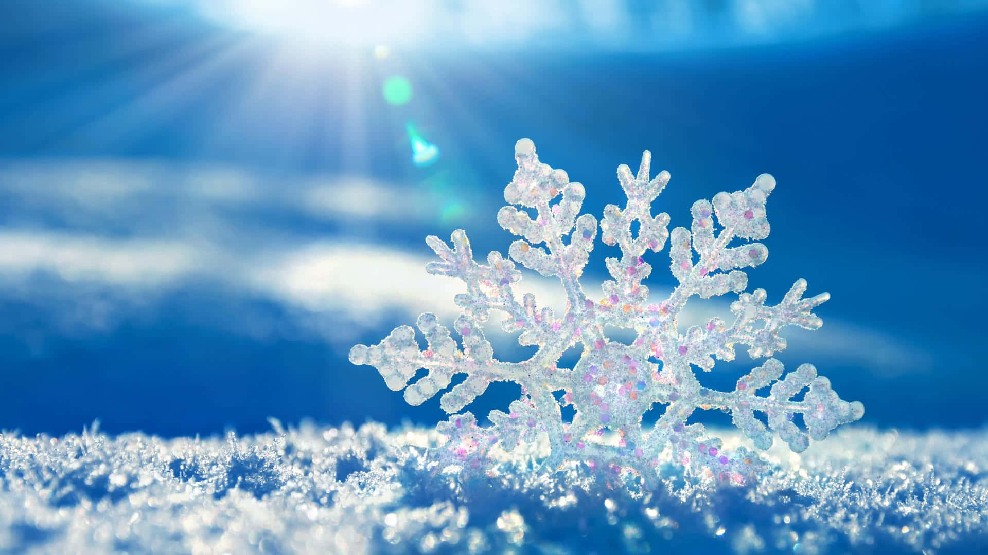 雪花 桌布 壁紙 — 一片精緻的雪花在雪地上閃閃發光，在明亮的陽光下帶有鏡頭光暈，襯著深藍色的天空。