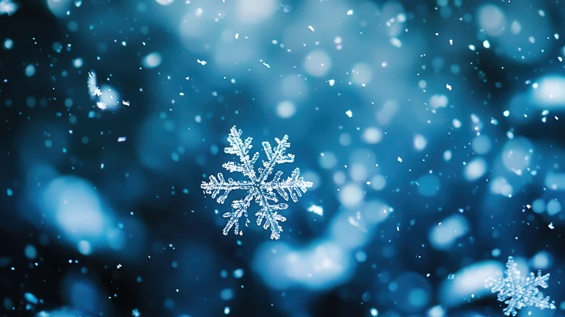 Detailed Snowflake Falling in Winter Atmosphere 壁紙 — 一片精緻的雪花在飄落的雪花的夢幻藍色散景背景上閃爍著清晰焦點。