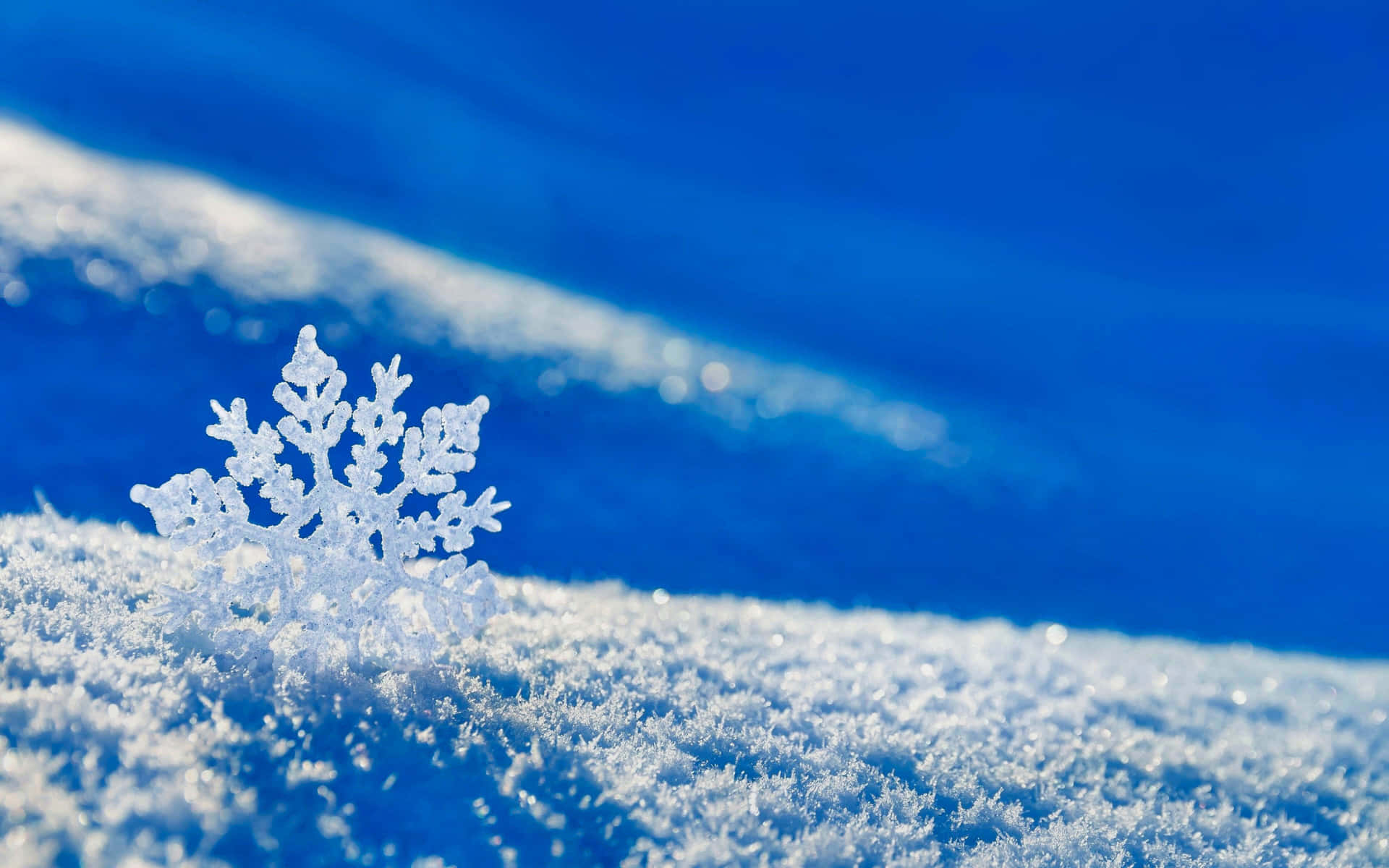 雪花 桌布 壁紙 — 一片精緻的雪花落在有紋理的雪地上，背景是柔和的散景和鮮豔的藍天。