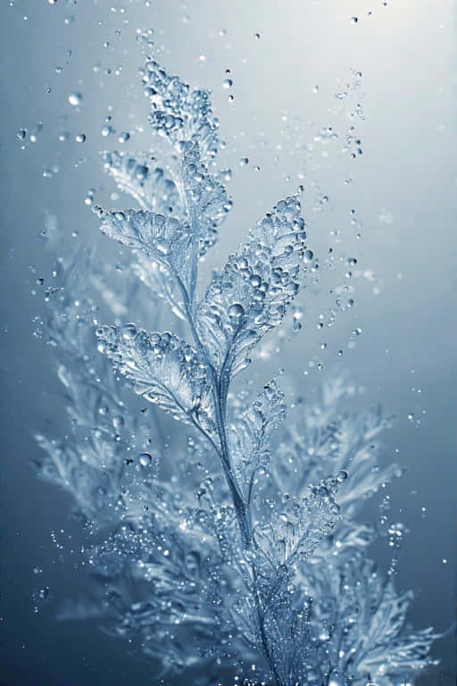 Crystal Frost Underwater Elegance 壁紙 — 一片細緻的蕨葉穿過水滴，在柔和的藍色漸變背景上顯現。