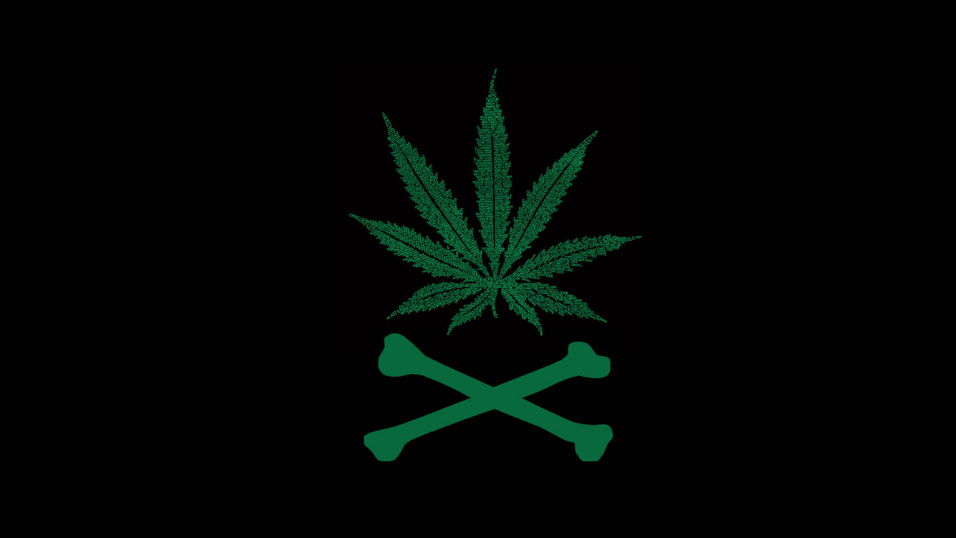 迷幻 桌布 壁紙 — 一片綠色大麻葉位於交叉骨頭之上，背景為純黑色，採用極簡數位藝術風格。
