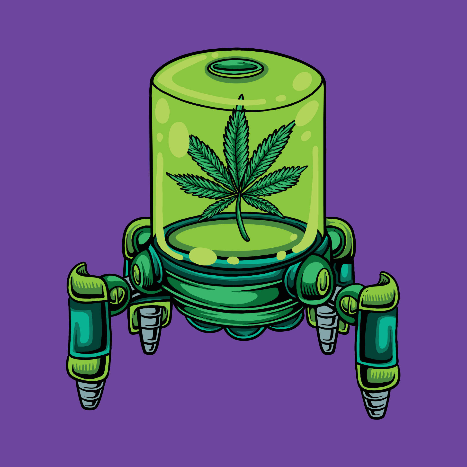 Cartoon Weed 桌布 壁紙 — 一片綠色大麻葉漂浮在一個帶有機械腿的未來主義圓柱形莢艙內，背景為紫色。
