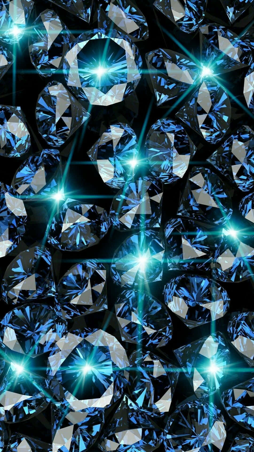 鑽石 桌布 壁紙 — 一片耀眼的藍色寶石場，明亮的星爆在黑色背景上發光。