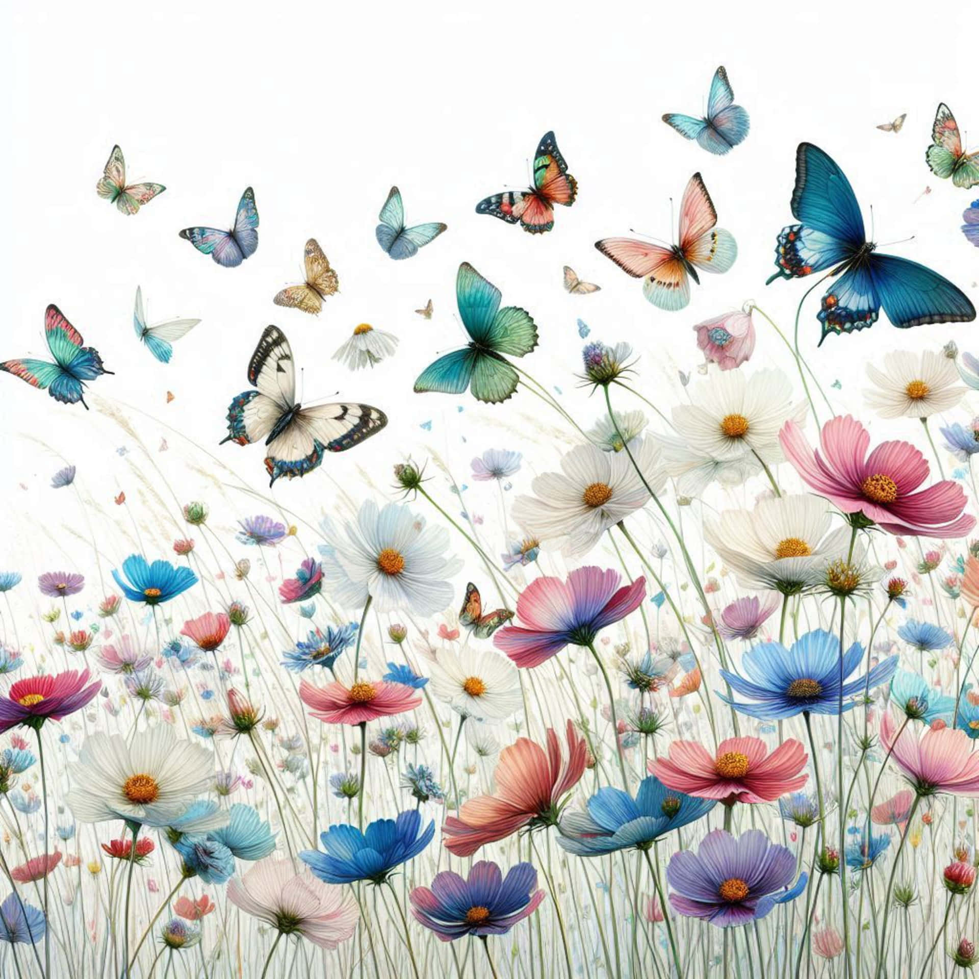 Wildflowers, on the prairie 壁紙 — 一片色彩繽紛的大波斯菊在明亮的白色天空下，隨著一群閃爍的蝴蝶搖曳。