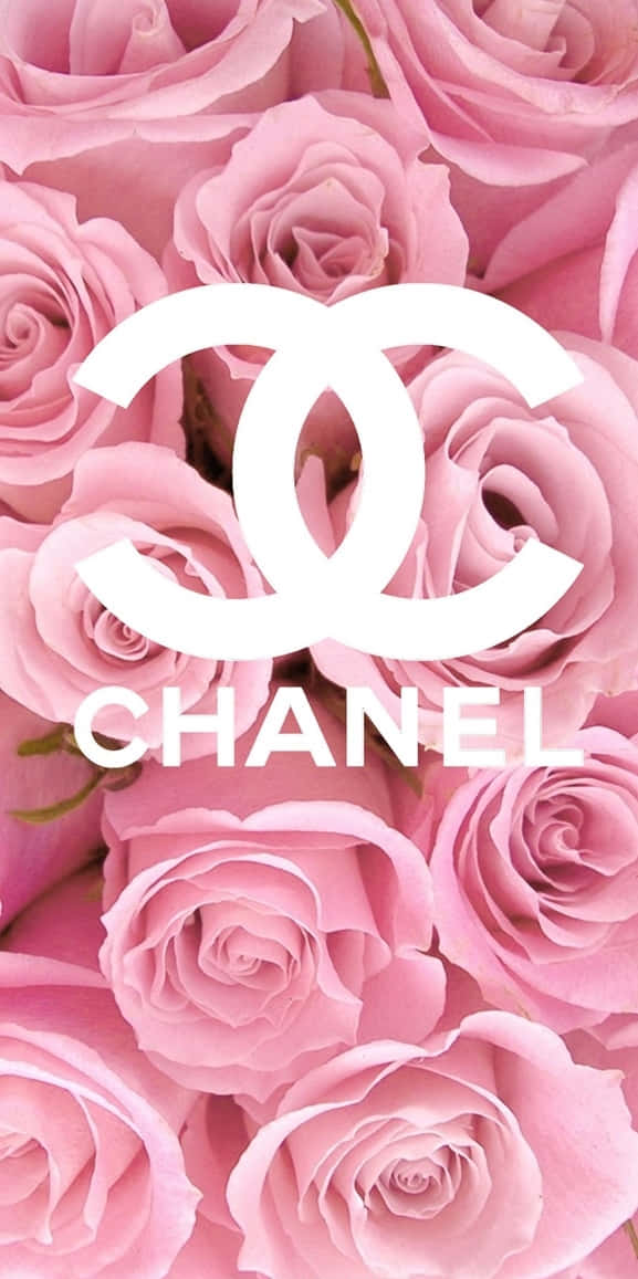 桌布 壁紙 — 一片茂密的柔粉色玫瑰田，中央醒目地放置著白色 Chanel 標誌和文字。