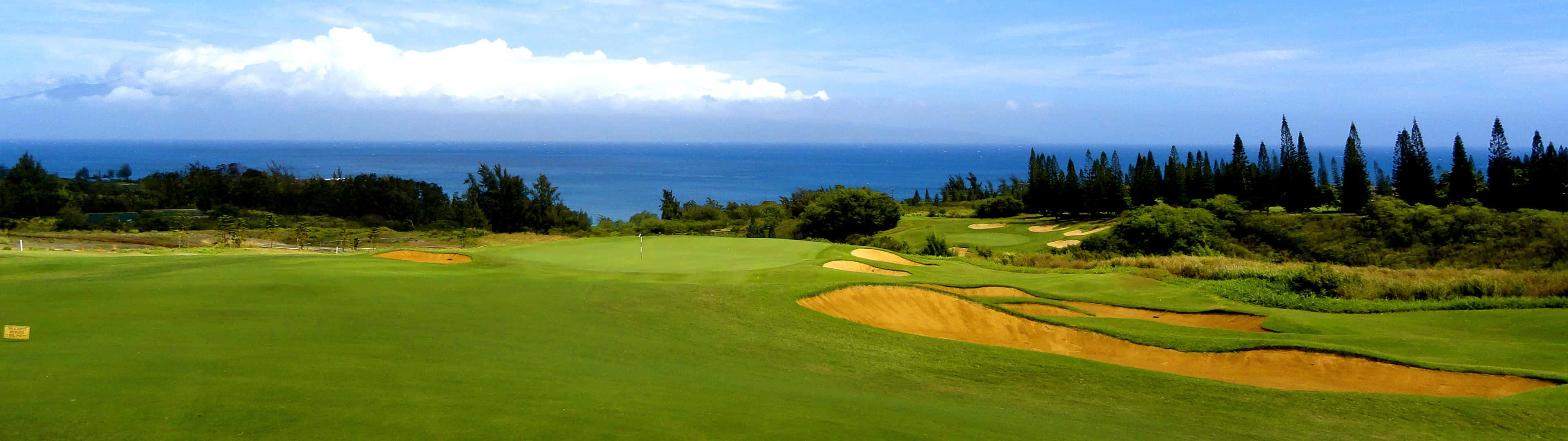 Golf 3840x1080 桌布 壁紙 — 一片茂密的綠色高爾夫球場向海洋延伸，設有沙坑和棕櫚樹，在明亮的藍天下。