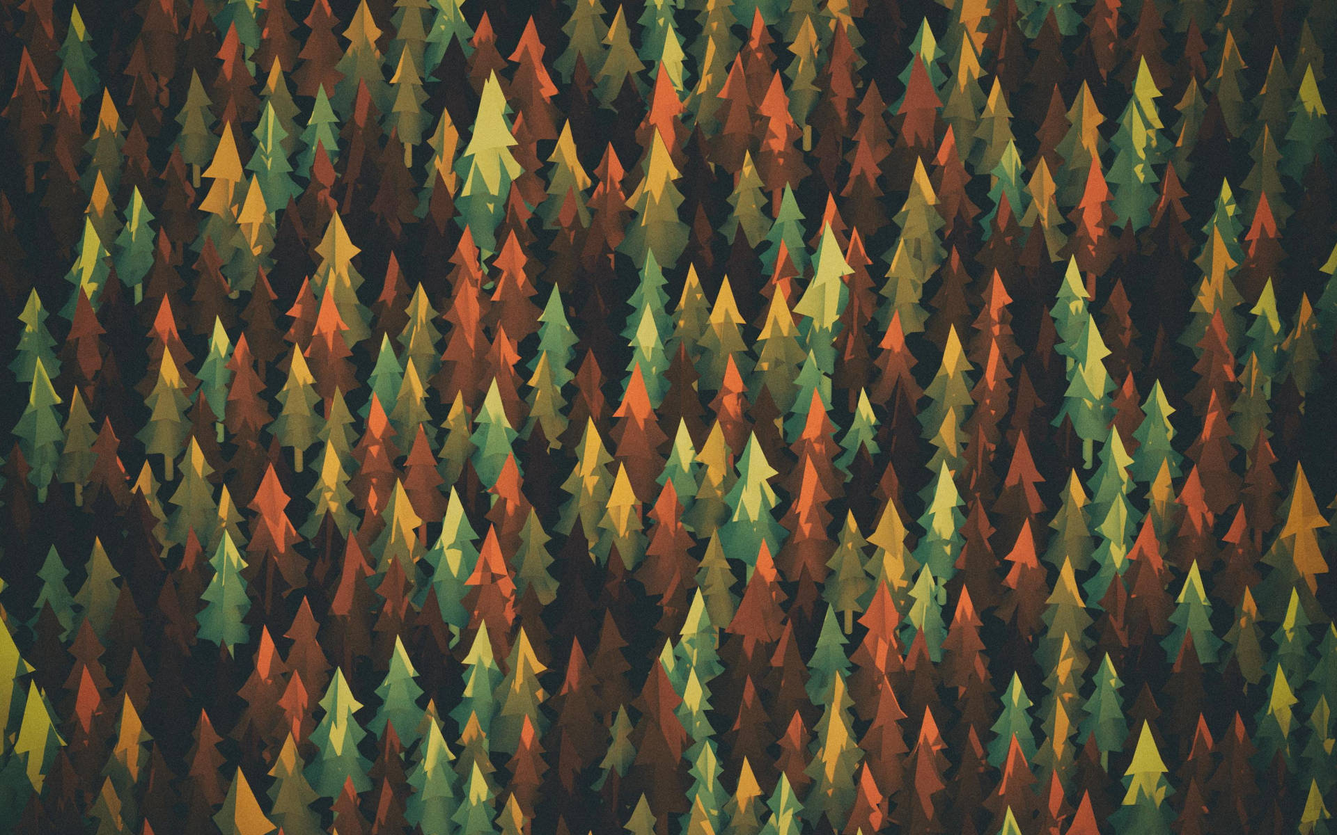 Android Material Design 桌布 壁紙 — 一片茂密的風格化松樹林，呈現橙色、綠色和棕色的秋日色調，營造出豐富的紋理圖案。