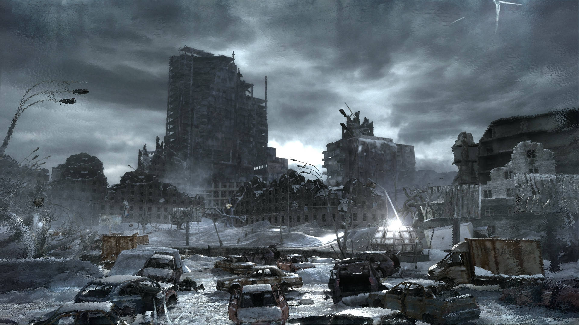 Stalker 桌布 壁紙 — 一片荒涼的冬季廢墟，雪覆蓋的城市遺跡和廢棄汽車，在風暴般的灰色天空下。