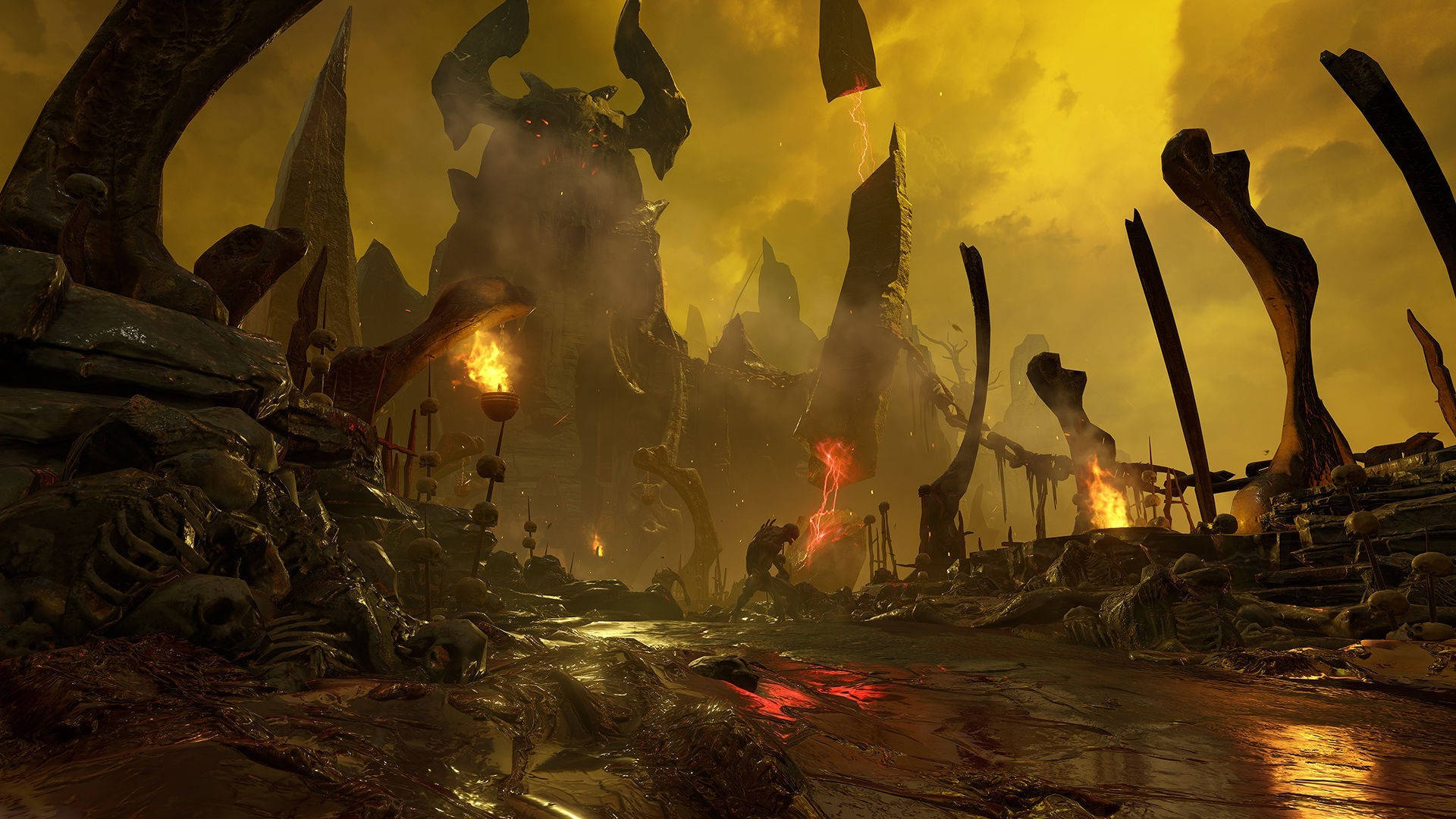 Doom Game 桌布 壁紙 — 一片荒涼的地獄景觀，聳立著骨狀結構，黃色天空下閃耀著紅色熔岩池。
