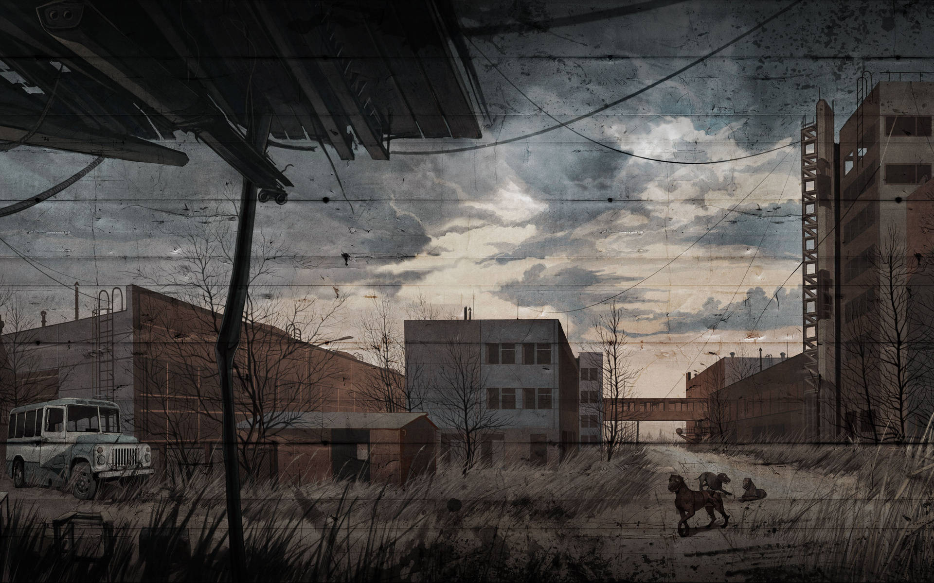 Stalker 桌布 壁紙 — 一片荒涼的城市廢墟，有搖搖欲墜的建築物、雜草叢生，還有一輛孤獨的吉普車在暴風雨的天空下。
