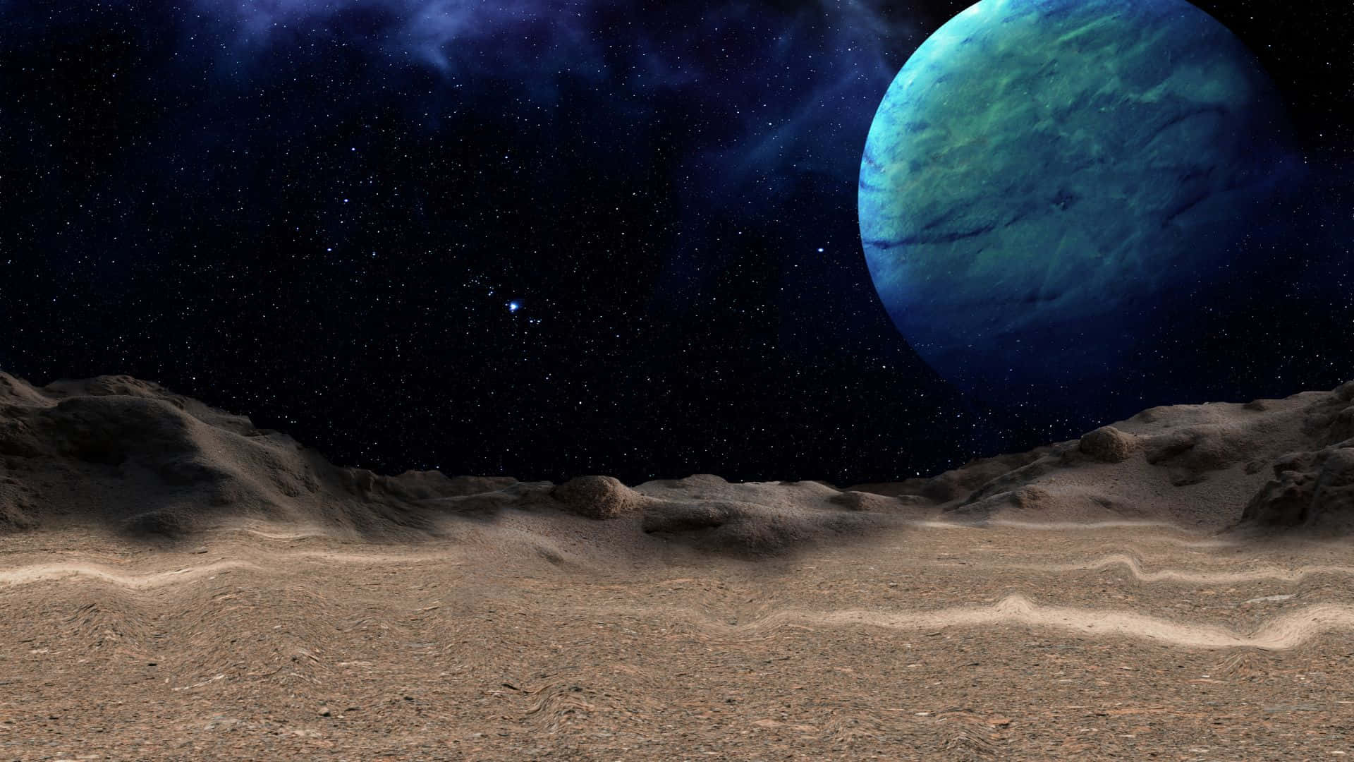 行星動畫 桌布 壁紙 — 一片荒涼的外星景觀，星空下有一顆巨大的藍綠色行星在遠方隱現。
