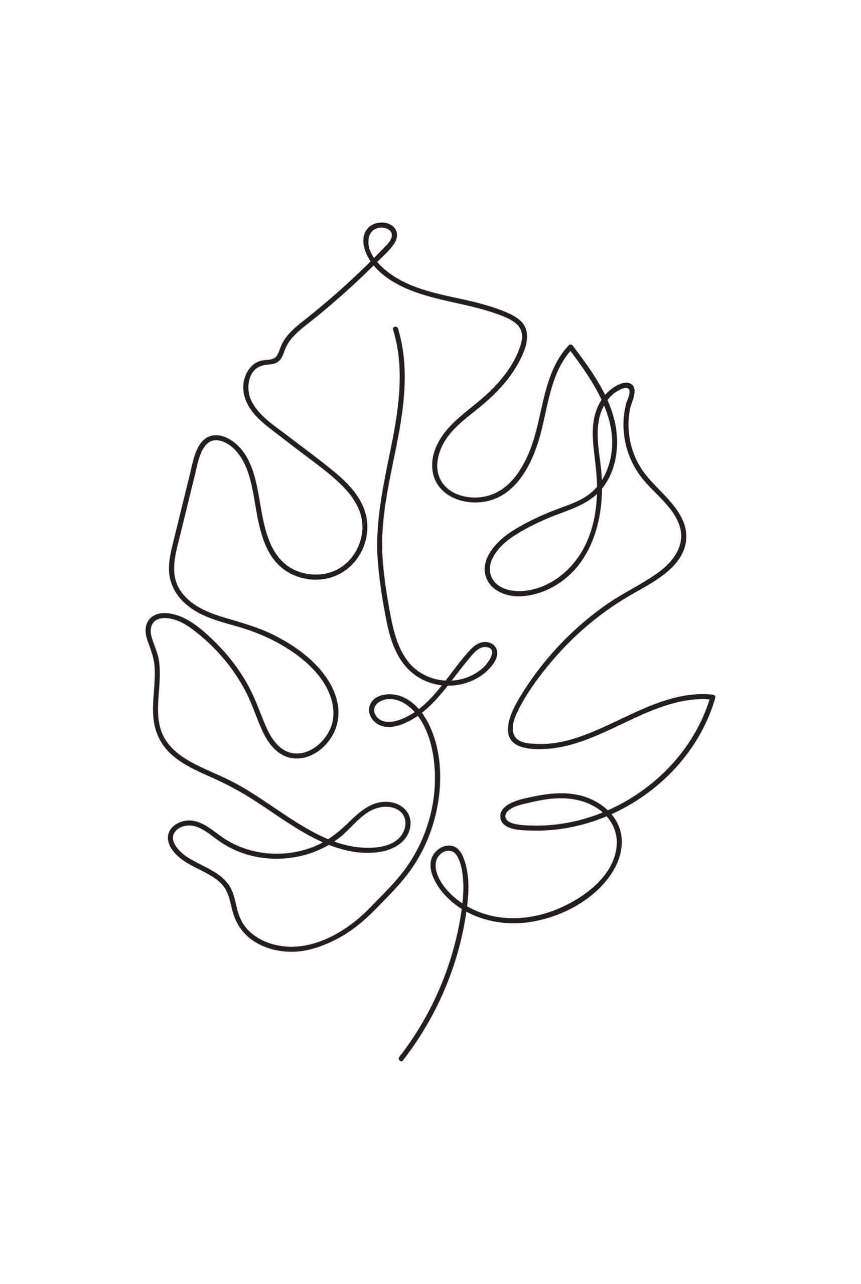 美學 桌布 壁紙 — 一片葉子的極簡黑色線條畫，以一條連續流暢的線條繪製在純白色背景上。