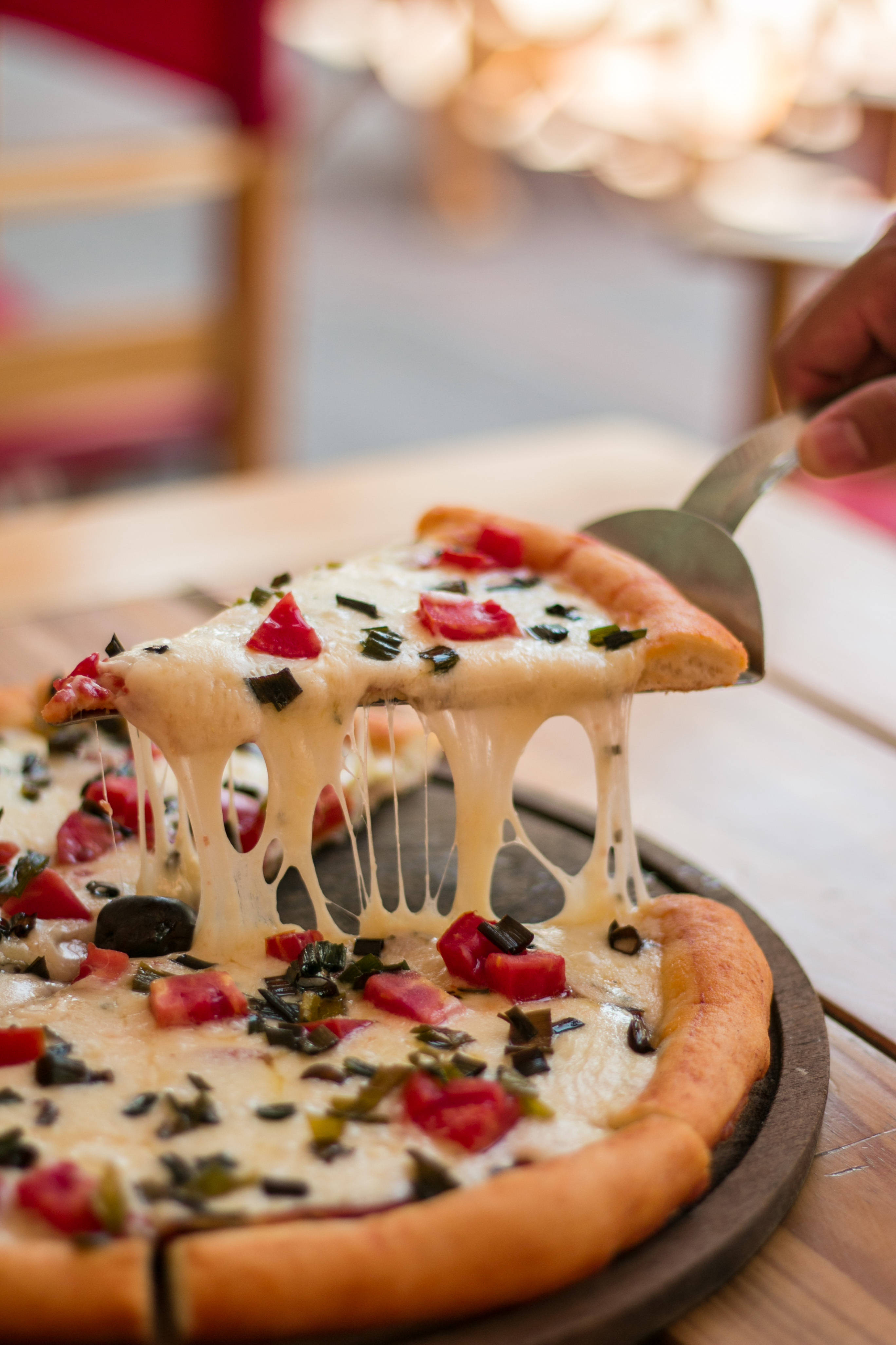 Pizza 桌布 壁紙 — 一片起司披薩配番茄和羅勒被服務員的手提起在木桌上。
