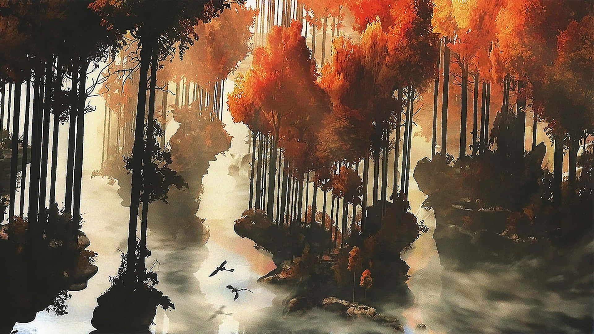 Conceptual Art 桌布 壁紙 — 一片超現實的森林，火焰般的橙色樹木從霧氣瀰漫的水中升起，鳥兒在浮島之間滑翔。
