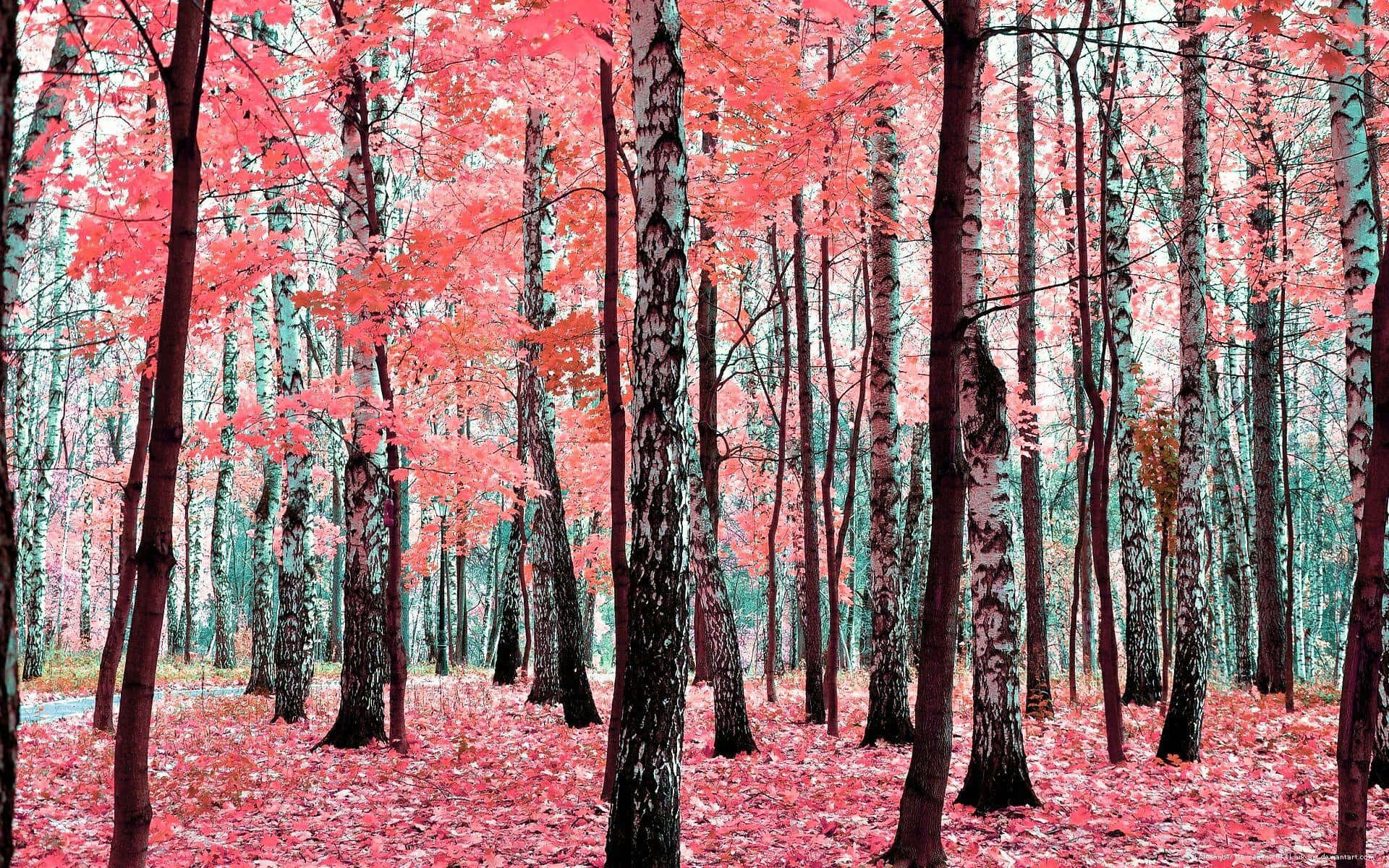 Pink Trees 桌布 壁紙 — 一片超現實的白樺樹林，在柔和天空下，樹葉呈現鮮豔粉紅色，落葉滿地。