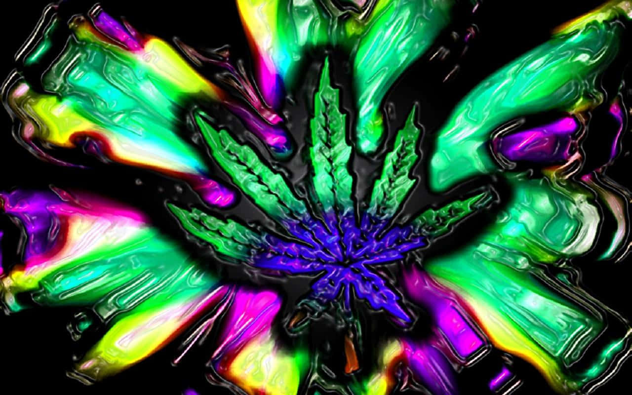 Plant 桌布 壁紙 — 一片迷幻大麻葉在黑色背景上散發出螢光綠、紫和黃色條紋。