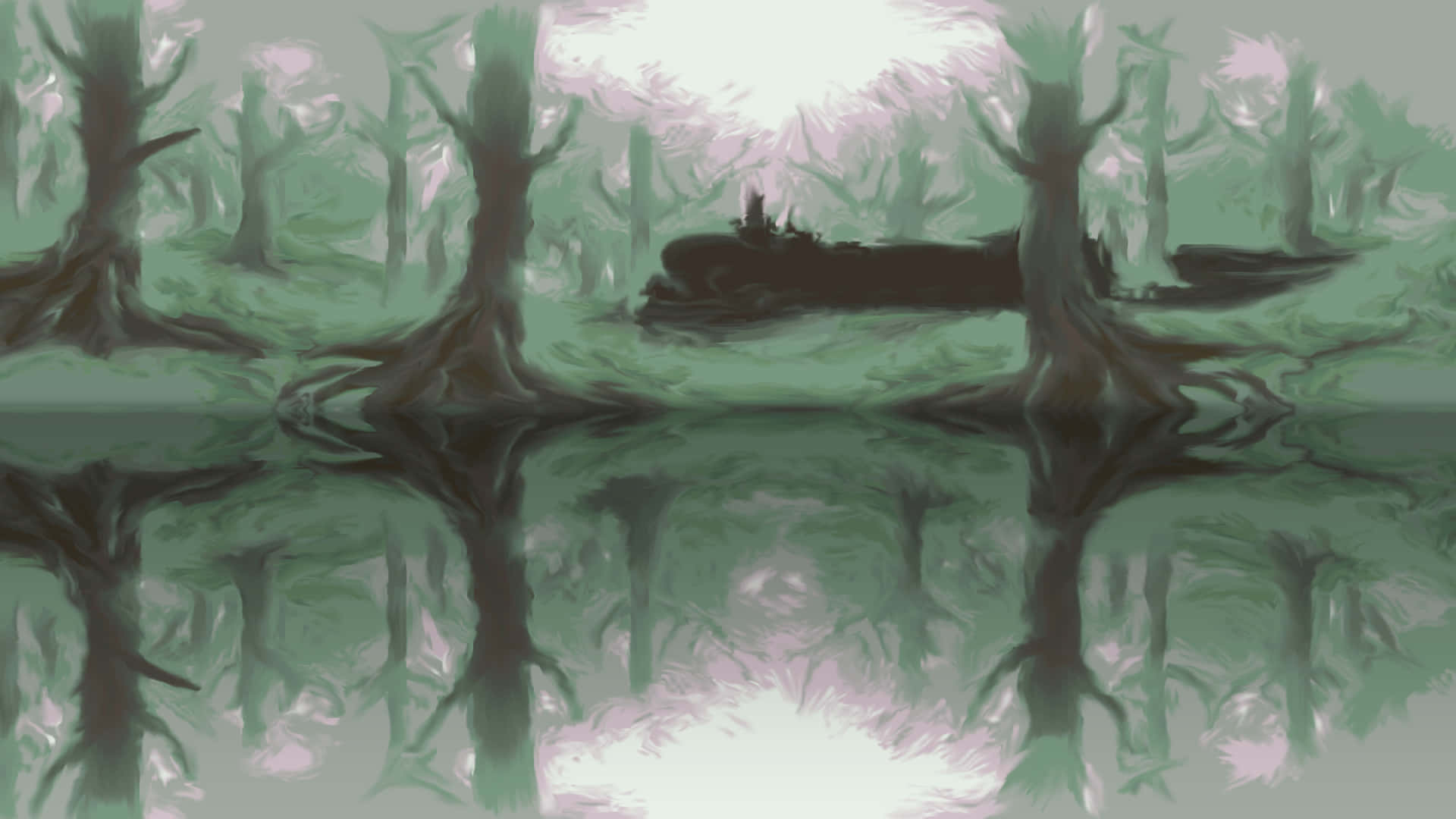 背景 桌布 壁紙 — 一片迷霧森林，扭曲的樹木倒映在平靜的水面上，天空柔和發光。